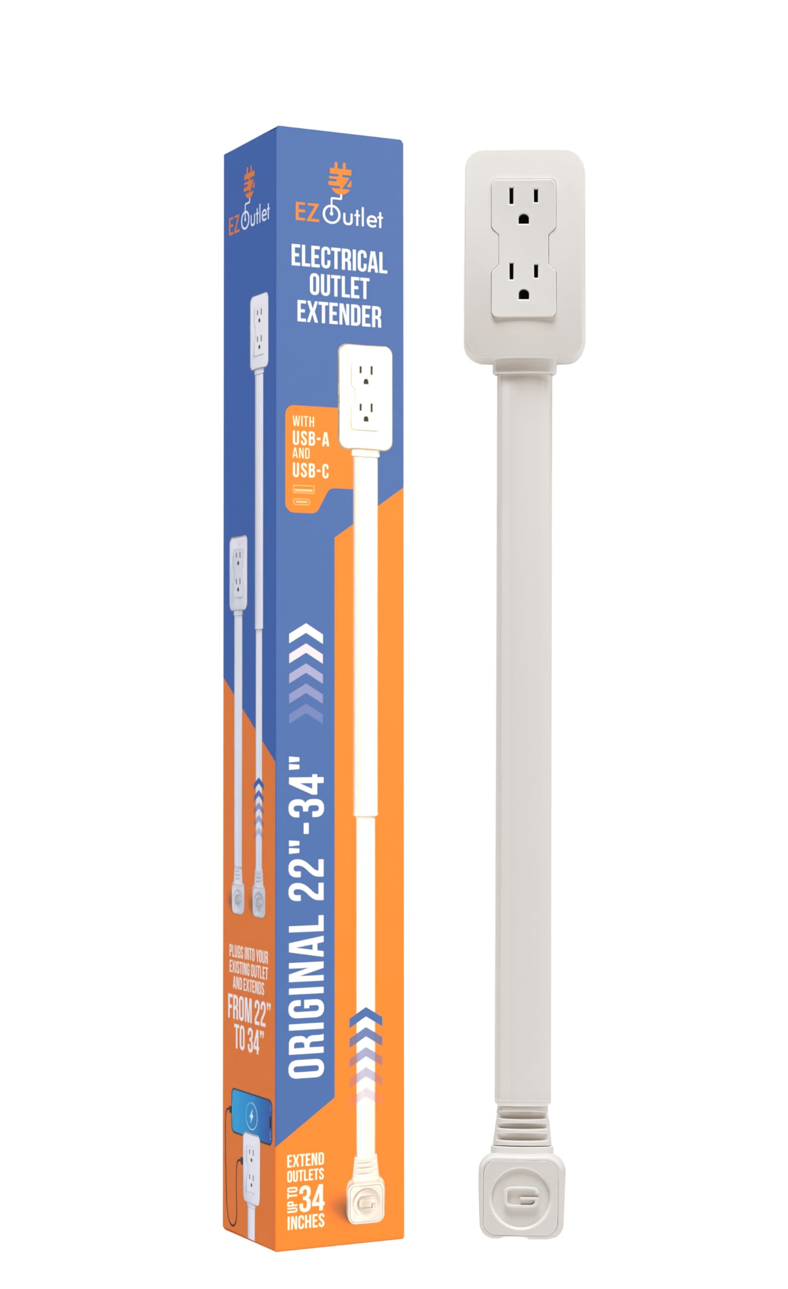 EZ Outlet Electrical Outlet Extender. Access Hard-to-Reach Outlets! Features USB-A, USB-C, and 2 AC Outlets, Extends 22"-34", Rotates 180Â°. Use Behind Couches, Nightstands, Desks, and More.