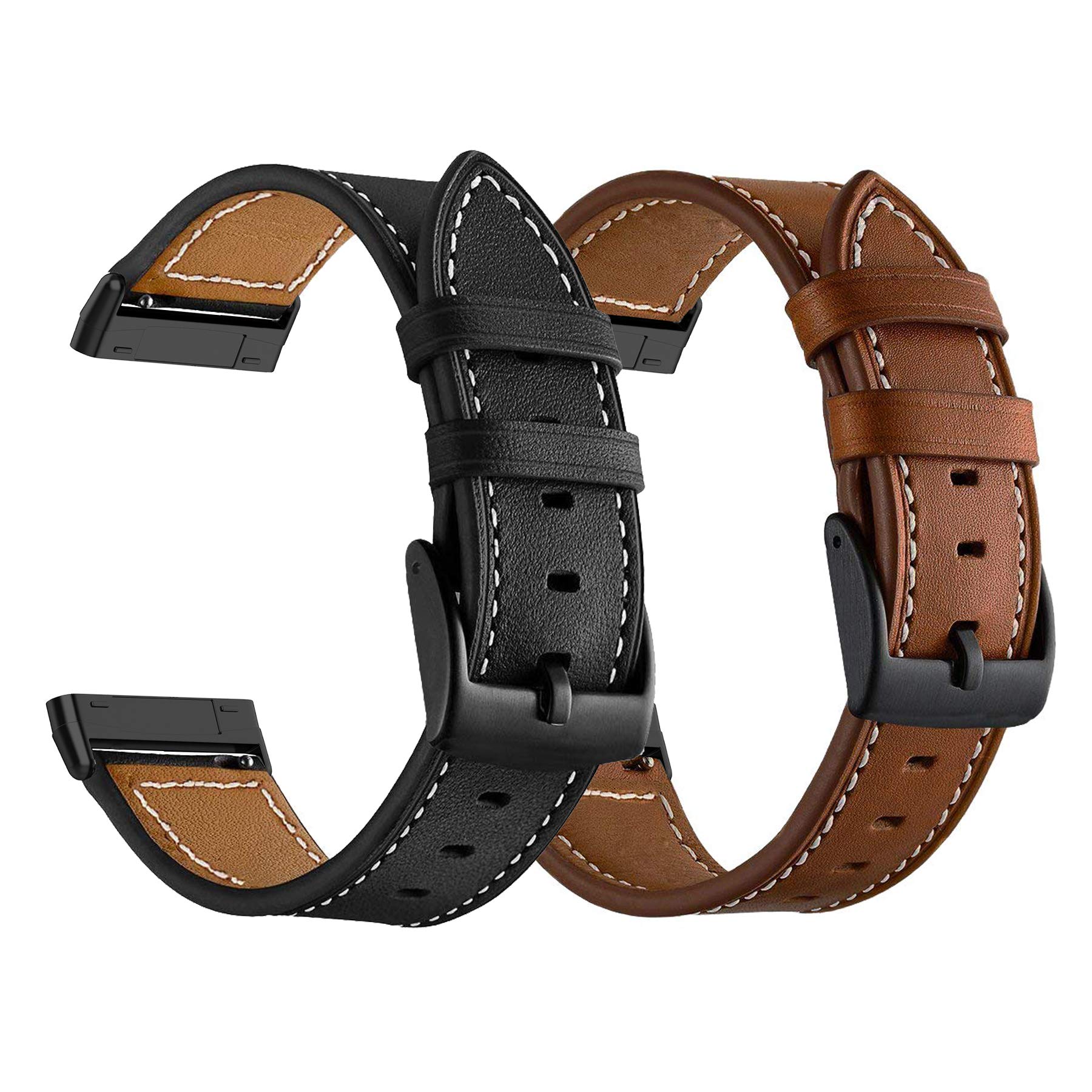 LDFAS Leather Band Compatible for Fitbit Sense 2 Versa 4 Bands, (2 Pack) Women Men Accessory Watch Strap with Black Metal Buckle Compatible for