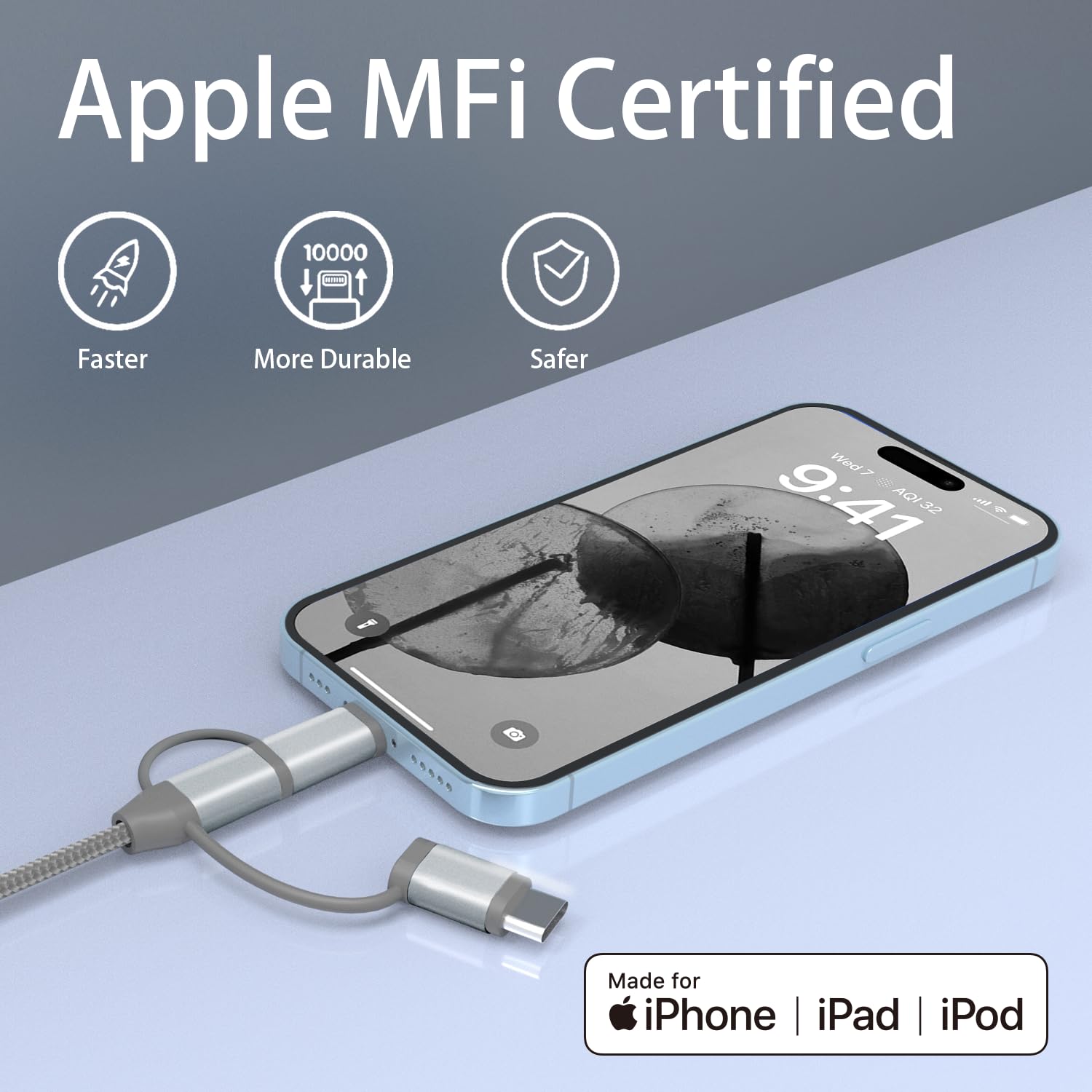 MICFLIP Apple MFi Certified 3 in 1 Charging Cable Adapter Lightning Type-C Micro USB for iPhone iPad Samsung Galaxy 2 Pack 3.5ft - View 7 of 9