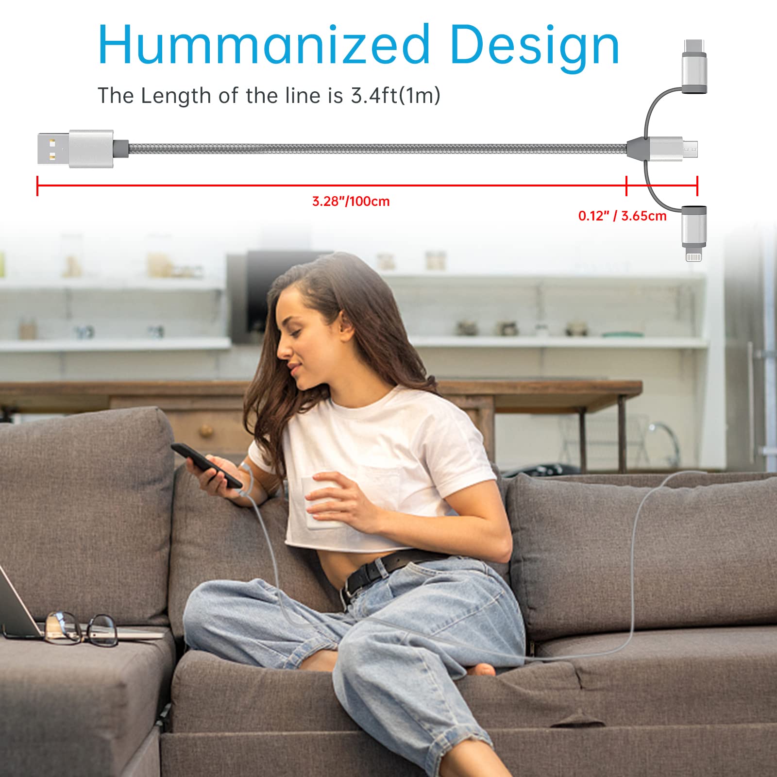 MICFLIP Apple MFi Certified 3 in 1 Charging Cable Adapter Lightning Type-C Micro USB for iPhone iPad Samsung Galaxy 2 Pack 3.5ft - View 8 of 9