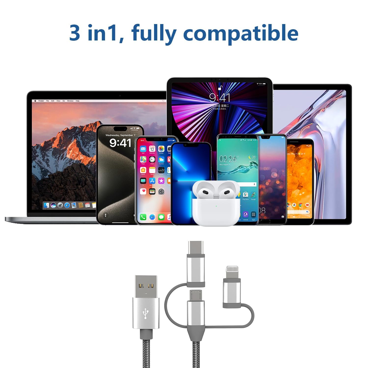 MICFLIP Apple MFi Certified 3 in 1 Charging Cable Adapter Lightning Type-C Micro USB for iPhone iPad Samsung Galaxy 2 Pack 3.5ft - View 9 of 9