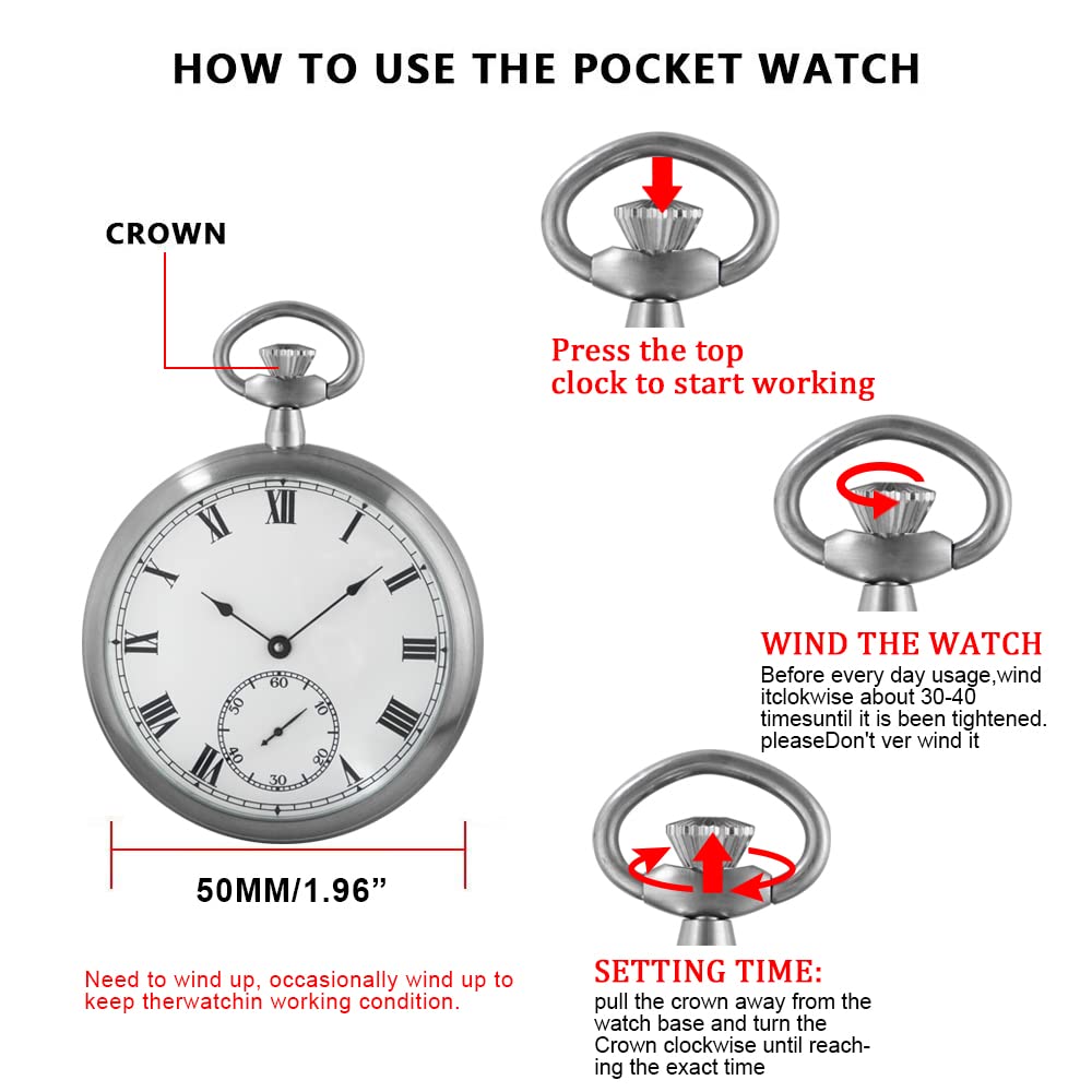 Alwesam Alwesam Stainless Steel Pocket Watch Mechanical Hand Wind Antique Luxury with Chain and Box - View 7 of 7