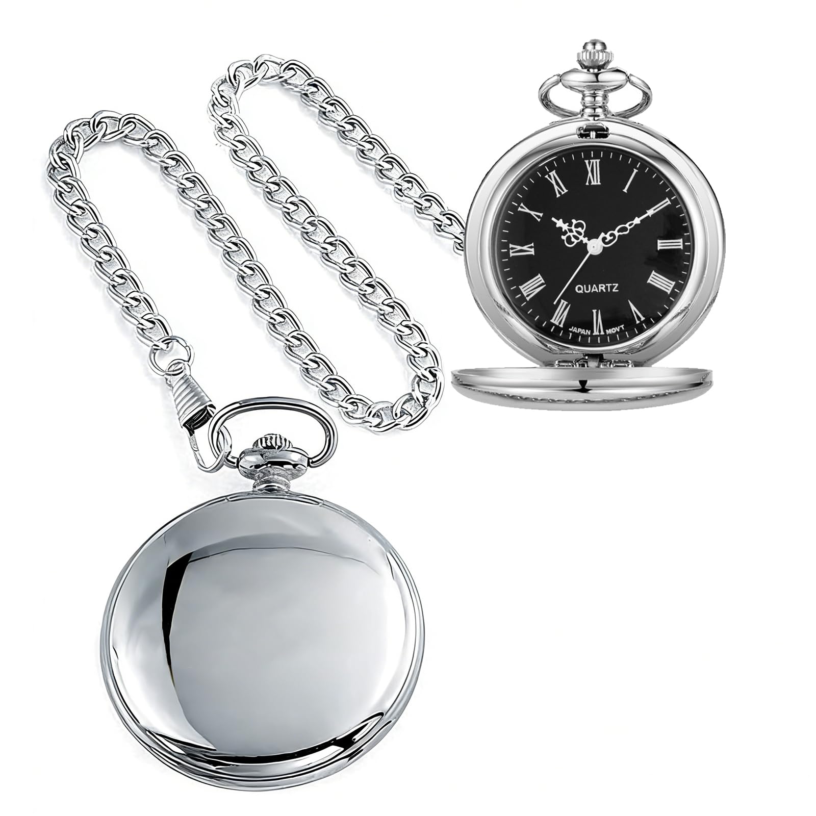 Alwesam Smooth Quartz Pocket Watches Round Roman Numbers with 37cm Chain Christmas Birthdays Best Gifts Father Days