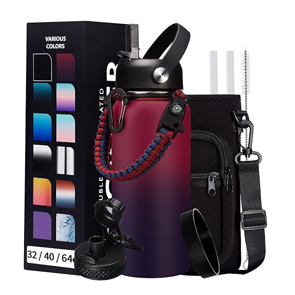 DIGJUPER 32OZ Insulated Water Bottle with Straw and Spout Lid Sweat-Proof BPA-Free Metal Reusable Wide-Mouth Vacuum Insulated with Paracord Handle - View 2 of 10