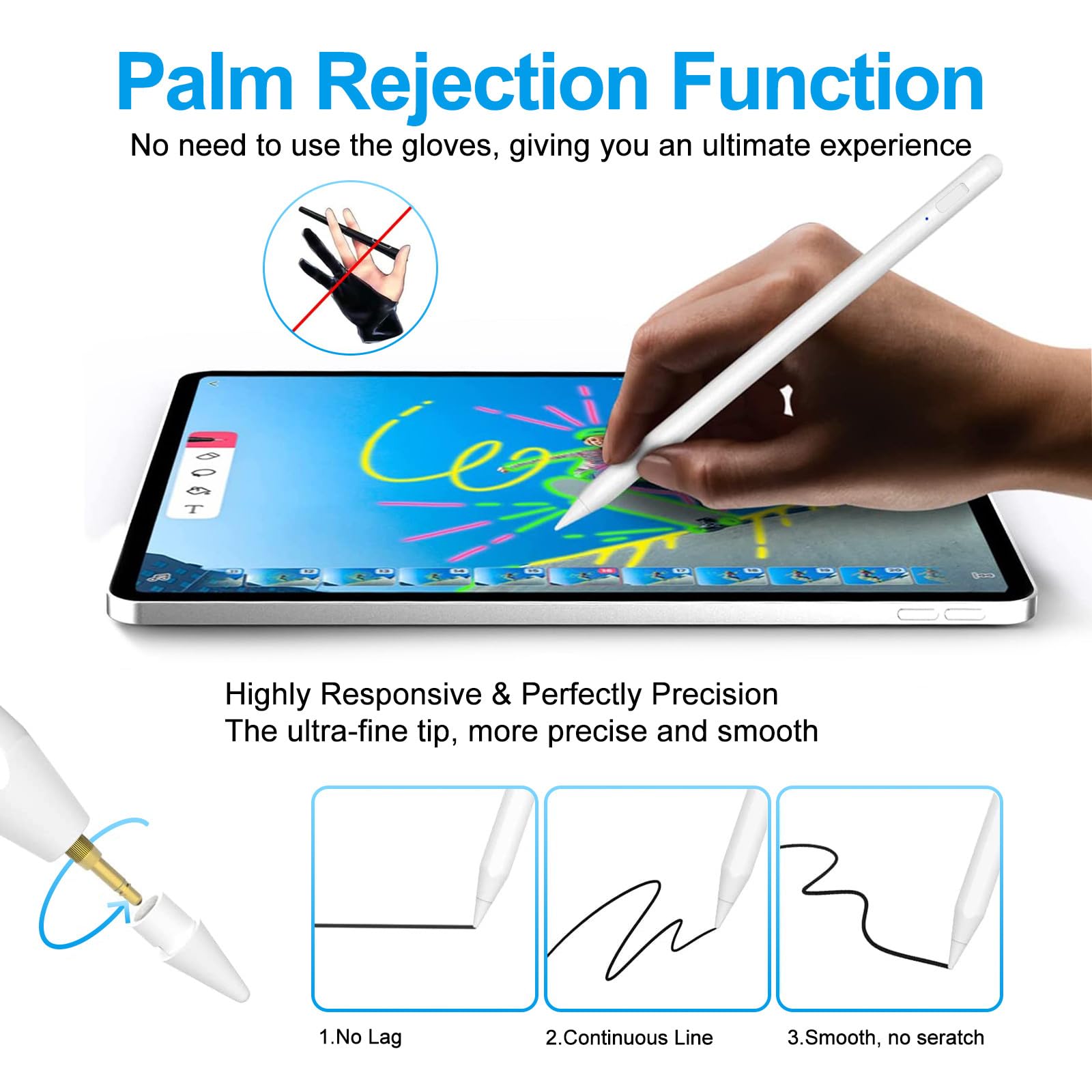Stylus Pen for iPad 2018-2025 with Palm Rejection, Apple Pencil for Pad11th 10th 9th 8th 7th 6th Gen, iPad Pro 11 12.9 inch, New iPad Air 2025 - View 3 of 8