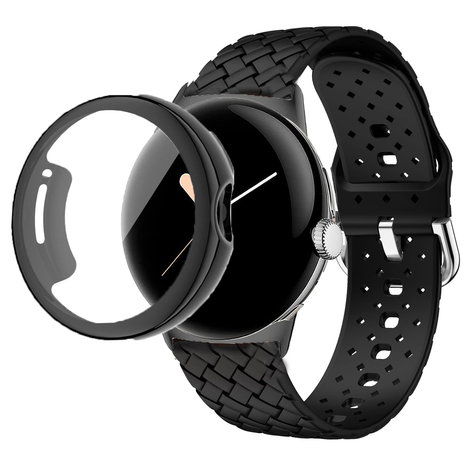 Lamshaw Compatible for Google Pixel Watch Case with Band, Silicone Braided Weave Sport Soft Replacement Straps + TPU Screen Case Compatible for