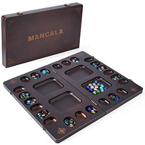 Vamslove VAMSLOVE Luxury Solid Wood Mancala Board Game Set for 4 Players with Bonus Glass Stone Beads and Game Instructions Included