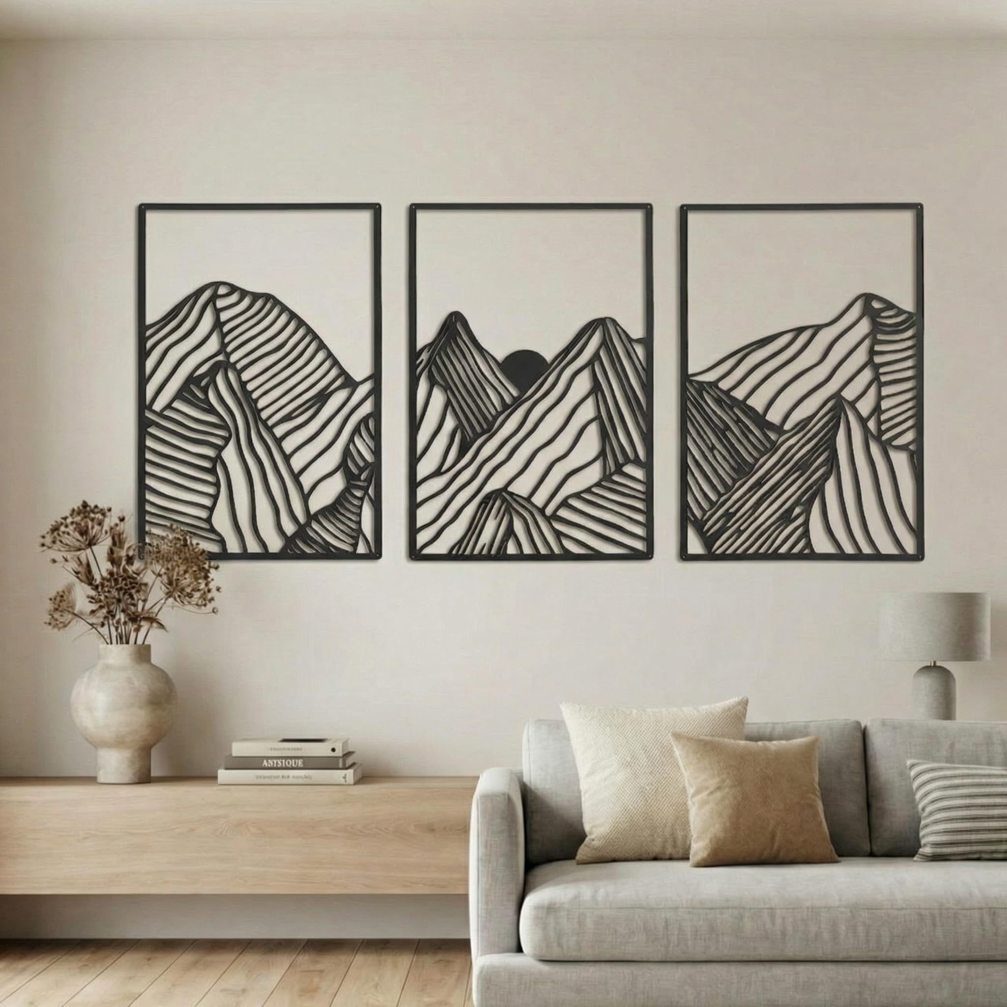 Peryiter 3 Pcs Christmas Metal Wall Art Decor Landscape Mountain Wall Hanging Decor for Living Room Abstract Minimalist Modern Mountain Line Pictures