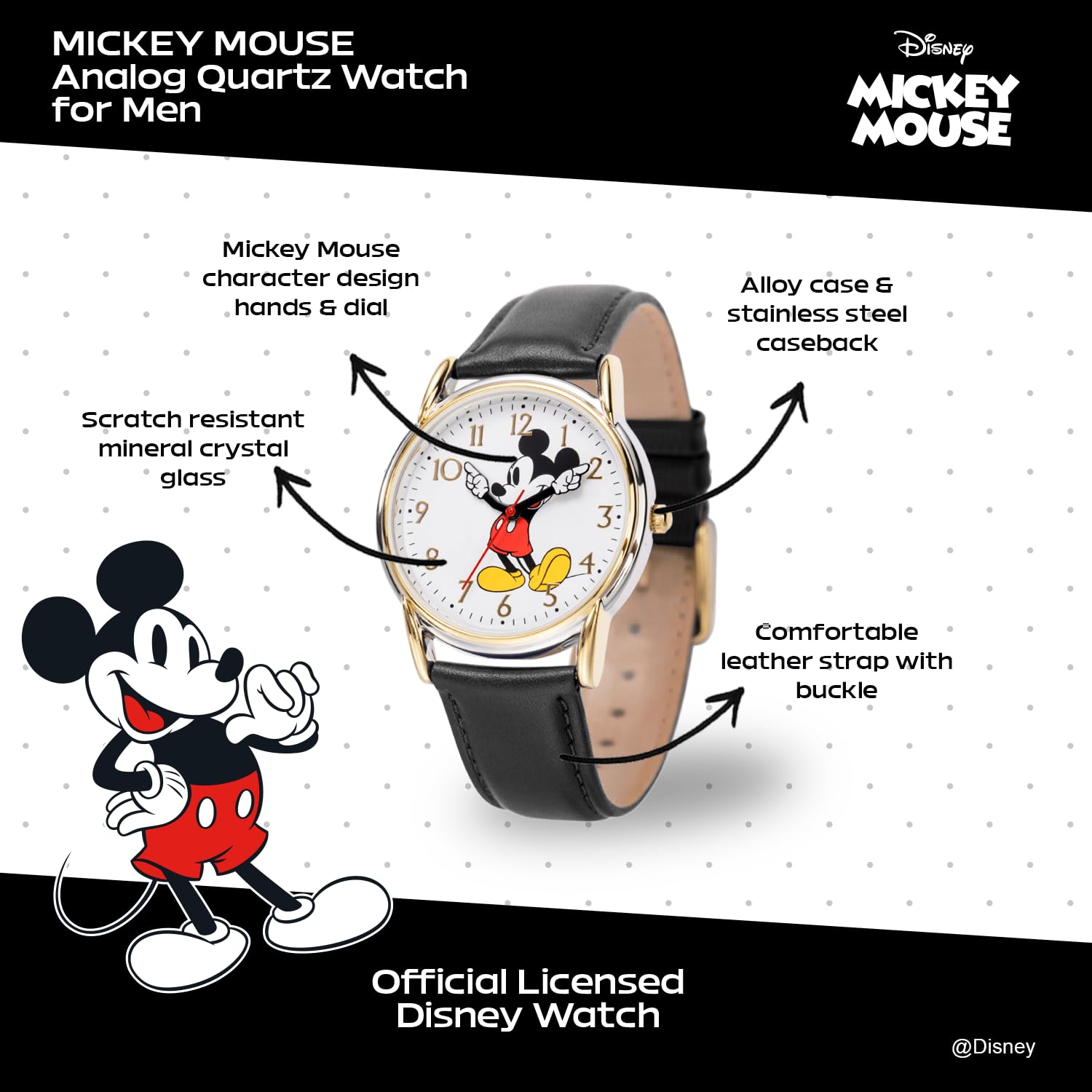 Disney Disney Mickey Mouse Adult Classic Articulating Hands Quartz Leather Strap Watch - View 2 of 6