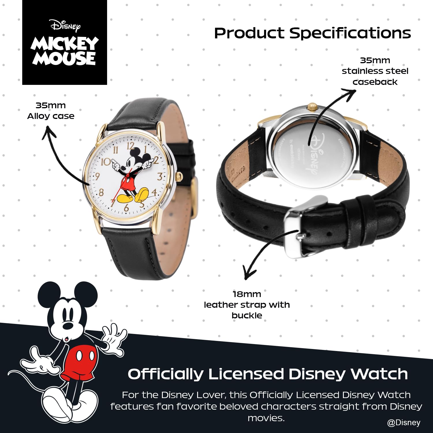 Disney Disney Mickey Mouse Adult Classic Articulating Hands Quartz Leather Strap Watch - View 3 of 6