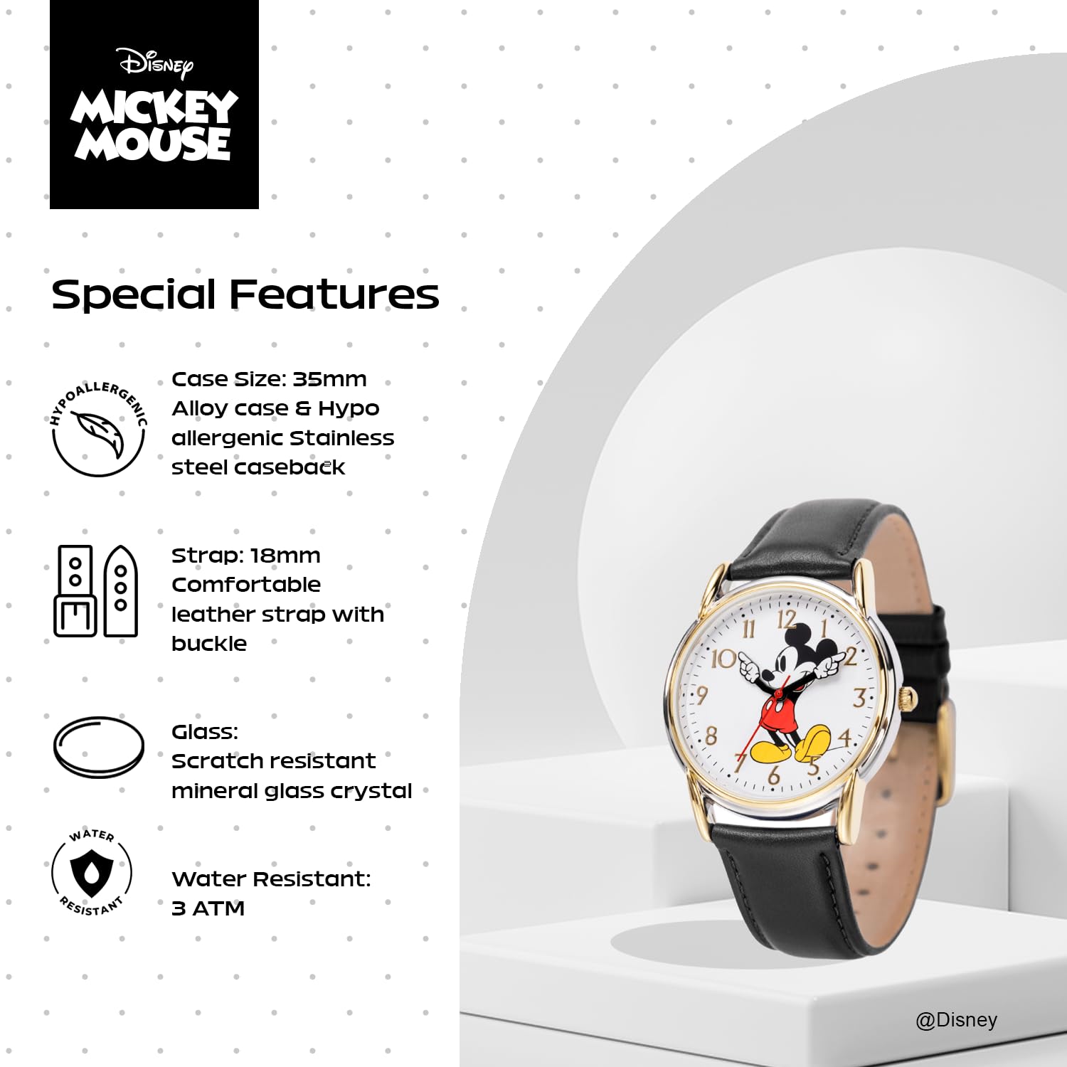 Disney Disney Mickey Mouse Adult Classic Articulating Hands Quartz Leather Strap Watch - View 4 of 6