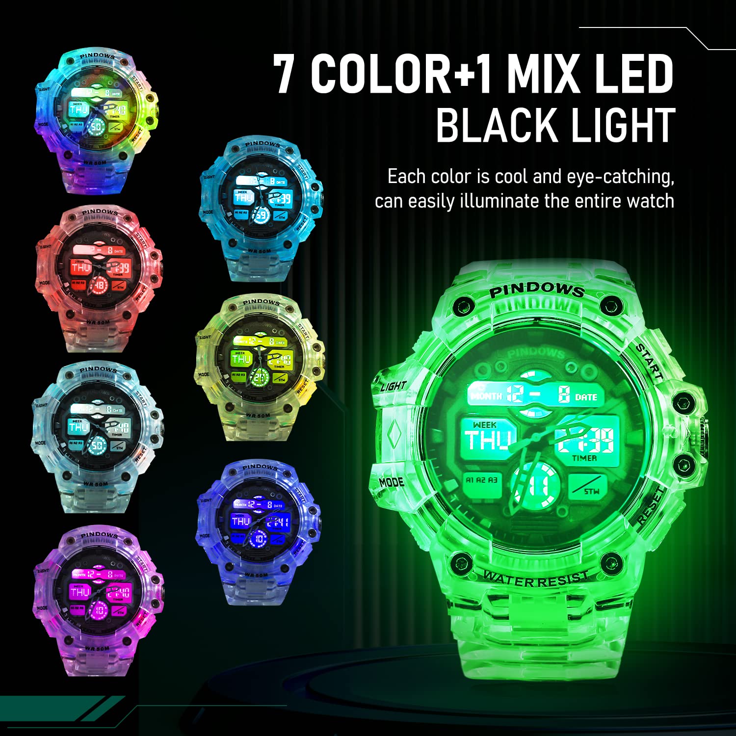 PINIDOUS PINIDOUS Mens Digital Sports Watch with 7 Color LED Light Large Display Waterproof Multi-Function Military Wrist Watch - View 2 of 7