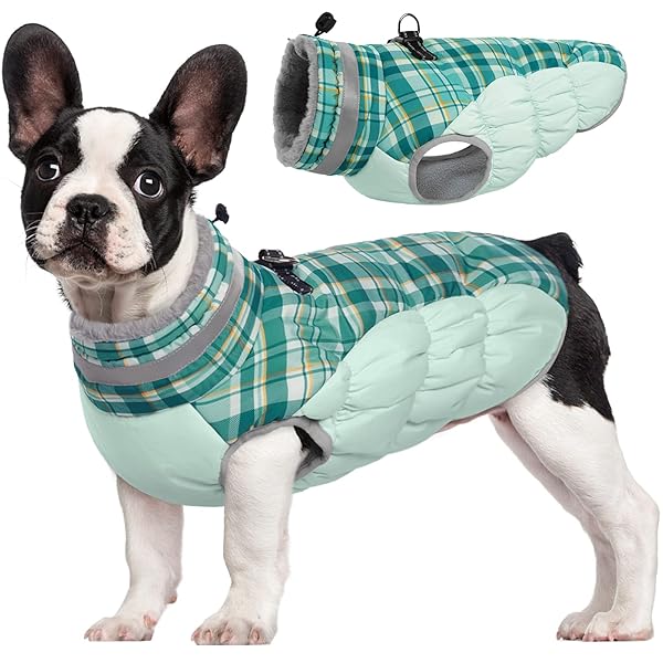 FUAMEY FUAMEY Dog Winter Coat with Harness Reflective Green Plaid Padded Vest for Small Medium Large Dogs Cold Weather Apparel