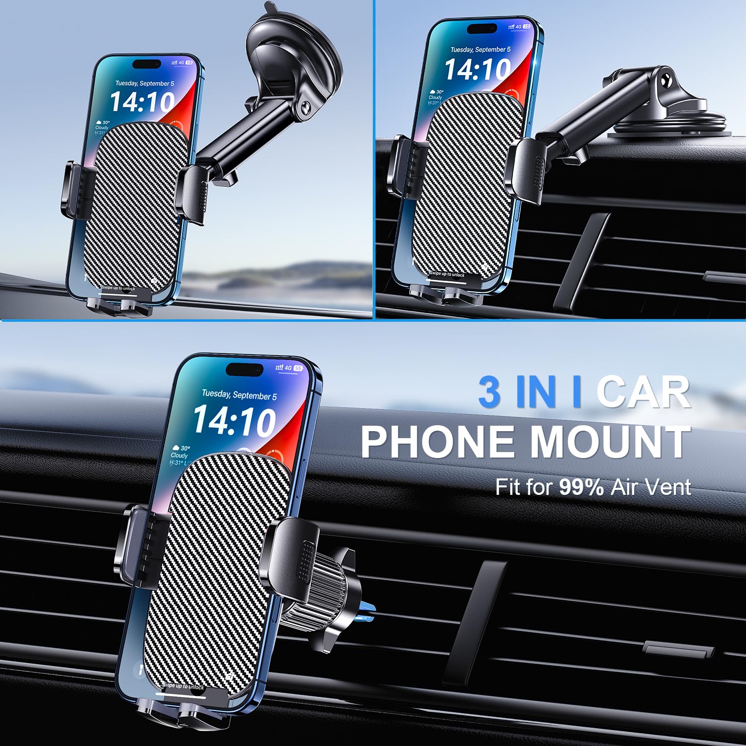 TICILFO Phone Mount for Car Phone Holder [Military-Grade Suction and Stable Clip] Car Phone Holder Mount Windshield Dashboard Air Vent Universal - View 2 of 6