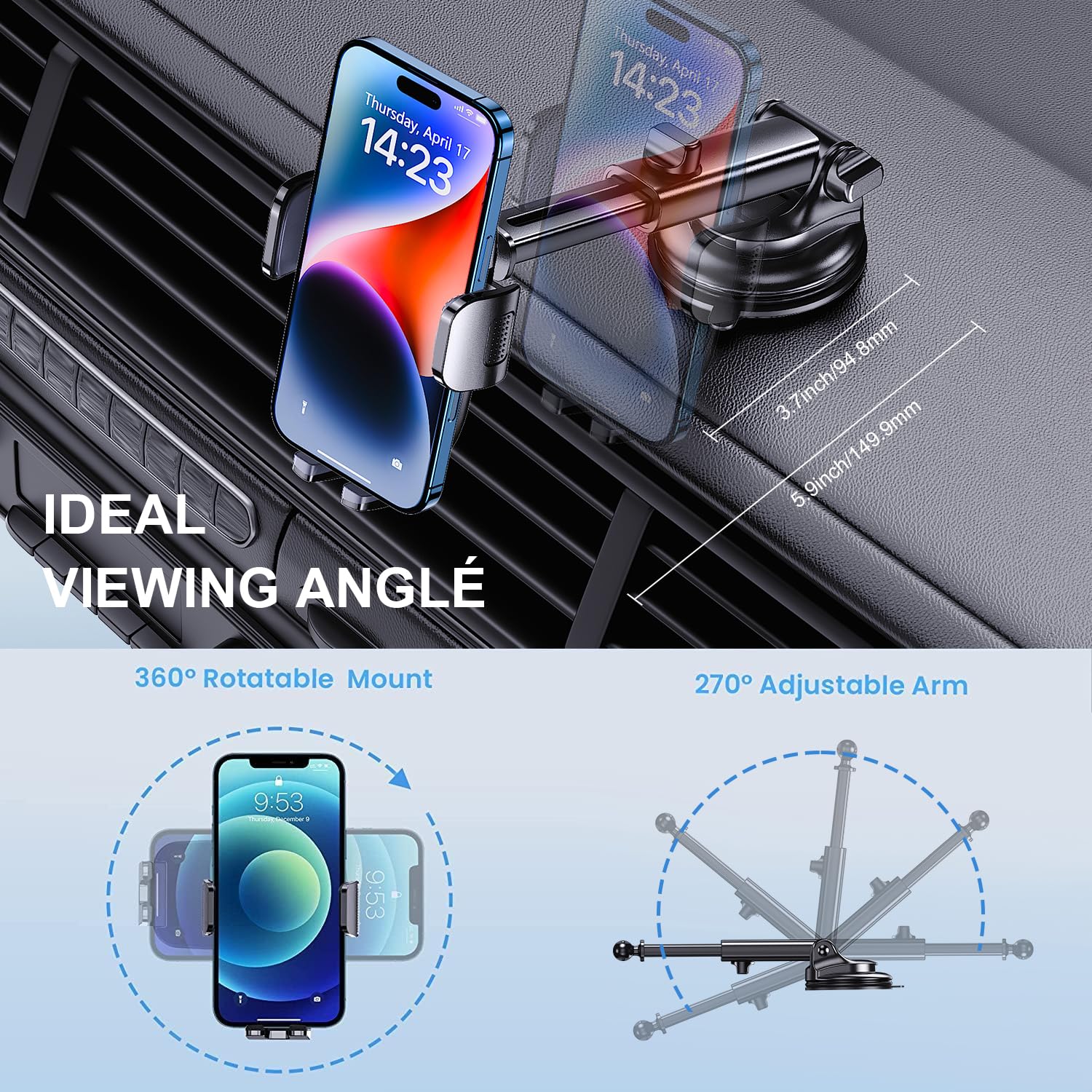 TICILFO Phone Mount for Car Phone Holder [Military-Grade Suction and Stable Clip] Car Phone Holder Mount Windshield Dashboard Air Vent Universal - View 3 of 6