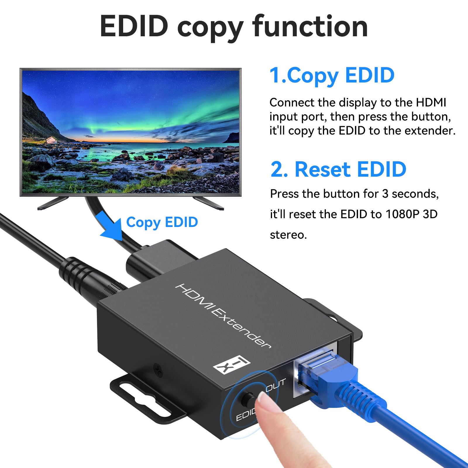 CMSTEDCD HDMI Extender Over Ethernet Cat5e/6 Up to 196Ft Full 1080p 3D Adapter Converter Repeater Transmitter Receiver Power Over Cat - View 3 of 8