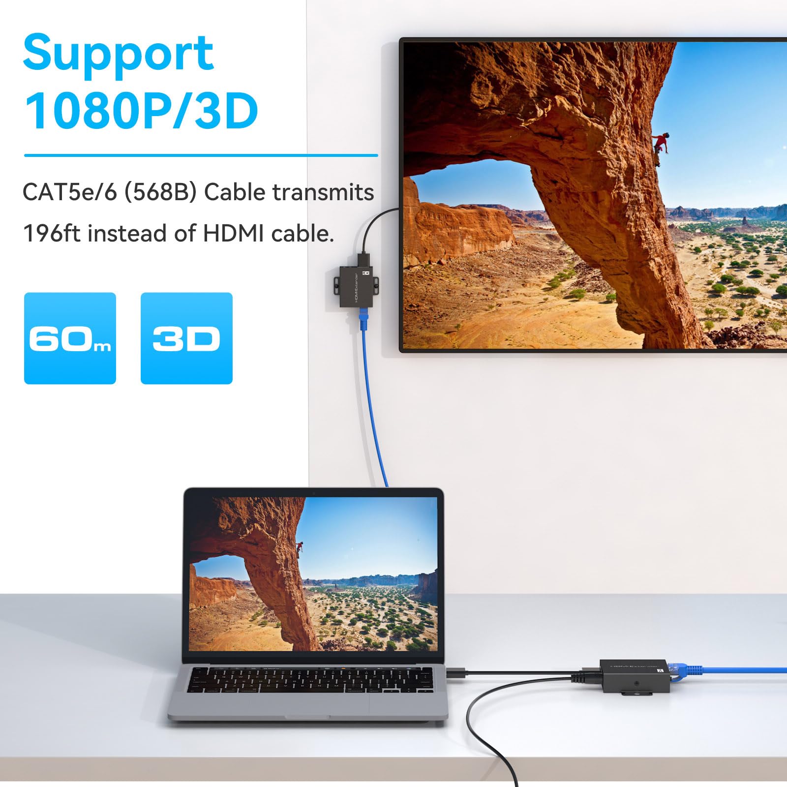 CMSTEDCD HDMI Extender Over Ethernet Cat5e/6 Up to 196Ft Full 1080p 3D Adapter Converter Repeater Transmitter Receiver Power Over Cat - View 5 of 8