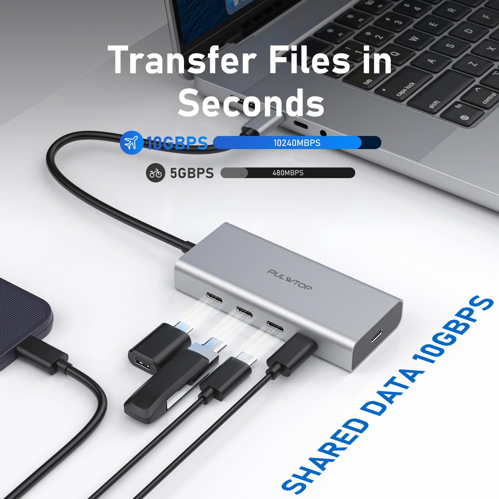 PULWTOP 5 Port USB C Hub 10Gbps Multiport Adapter for Laptop with 100W Power Delivery Compatible with MacBook Pro Chromebook iMac XPS - View 3 of 6