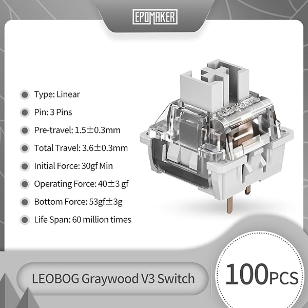 EPOMAKER EPOMAKER LEOBOG Graywood V3 Linear Switch Set - 100 Pre-lubed 40gf 3-Pin Switches for Custom Gaming Keyboards - View 4 of 9