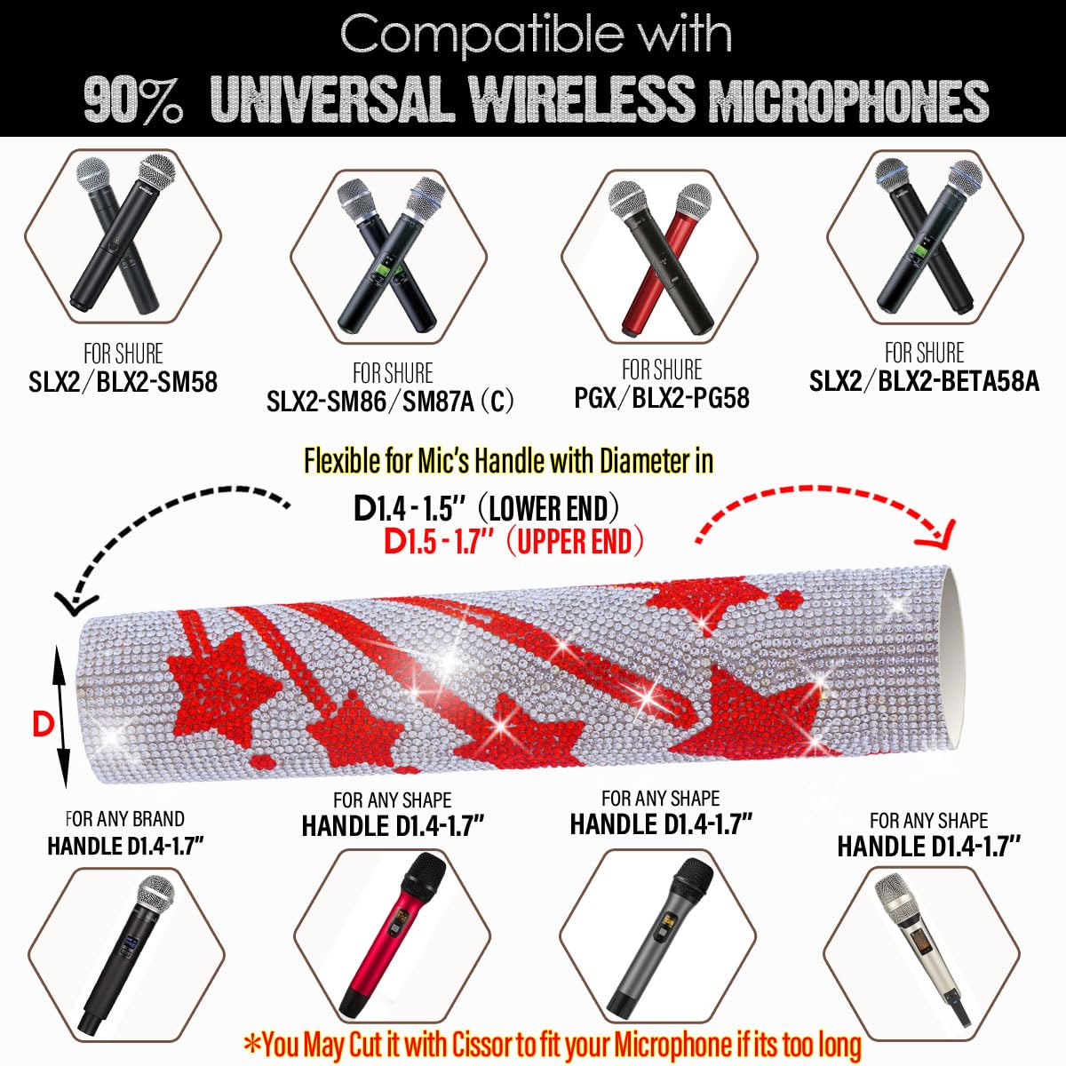 RhymKawa Microphone Cover for Wireless Mic SLX2 BLX2 SM58 Beta58 and Universal Transmitter Sparkle on Wedding Party Tours and TV Shows, Red Star - View 2 of 8