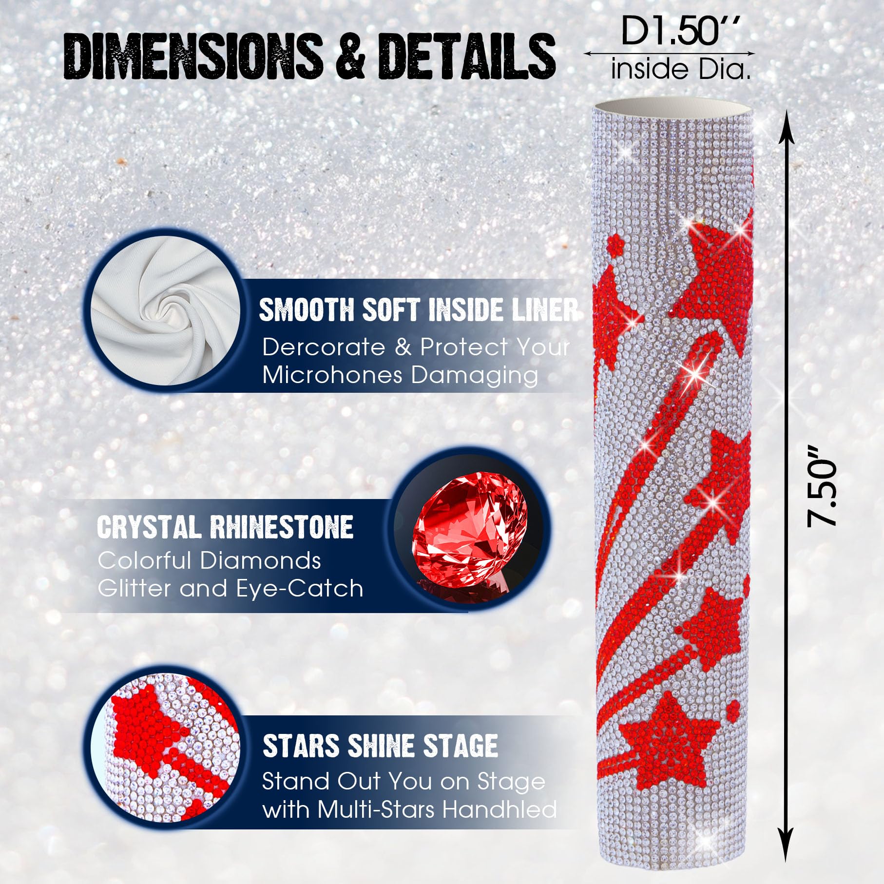 RhymKawa Microphone Cover for Wireless Mic SLX2 BLX2 SM58 Beta58 and Universal Transmitter Sparkle on Wedding Party Tours and TV Shows, Red Star - View 3 of 8