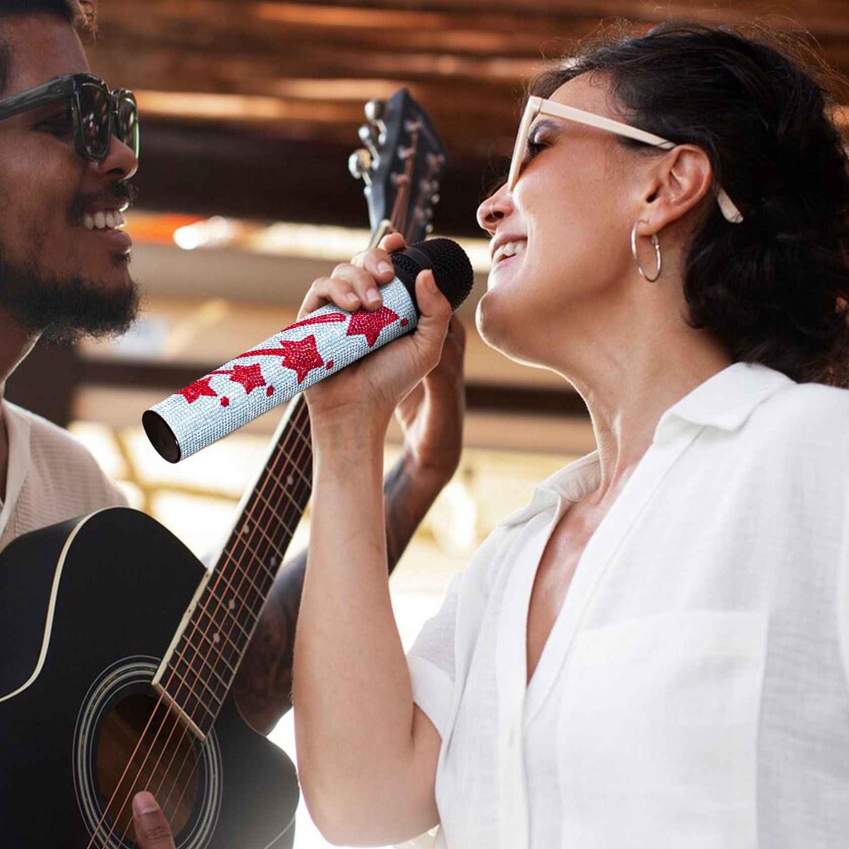 RhymKawa Microphone Cover for Wireless Mic SLX2 BLX2 SM58 Beta58 and Universal Transmitter Sparkle on Wedding Party Tours and TV Shows, Red Star - View 8 of 8