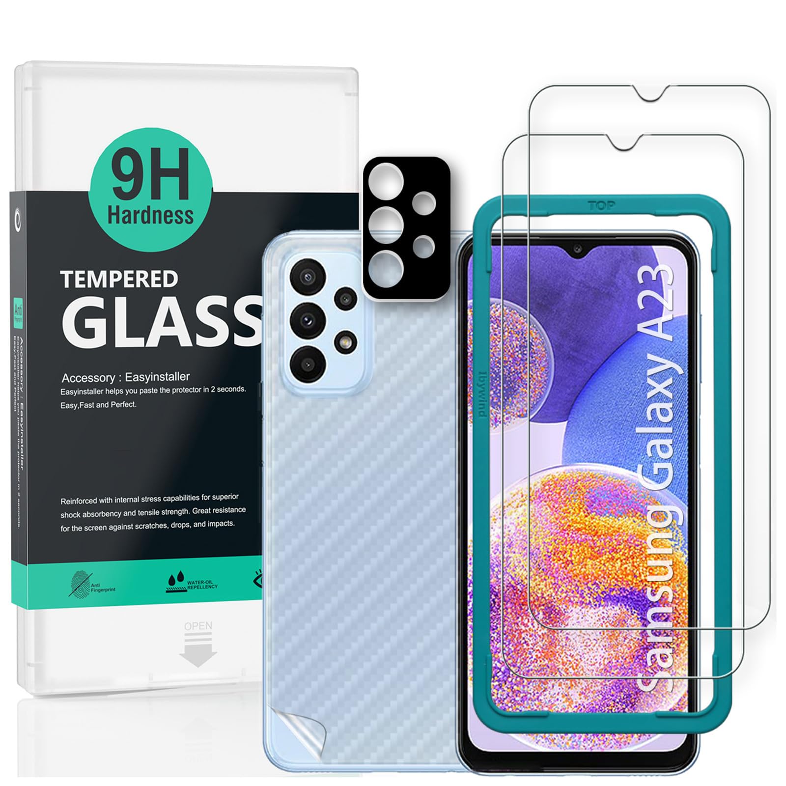 Ibywind Screen Protector For Samsung Galaxy A23 4G 5G(6.6 Inches),with 2Pcs Tempered Glass,1Pc Camera Lens Protector,1Pc Backing Carbon Fiber