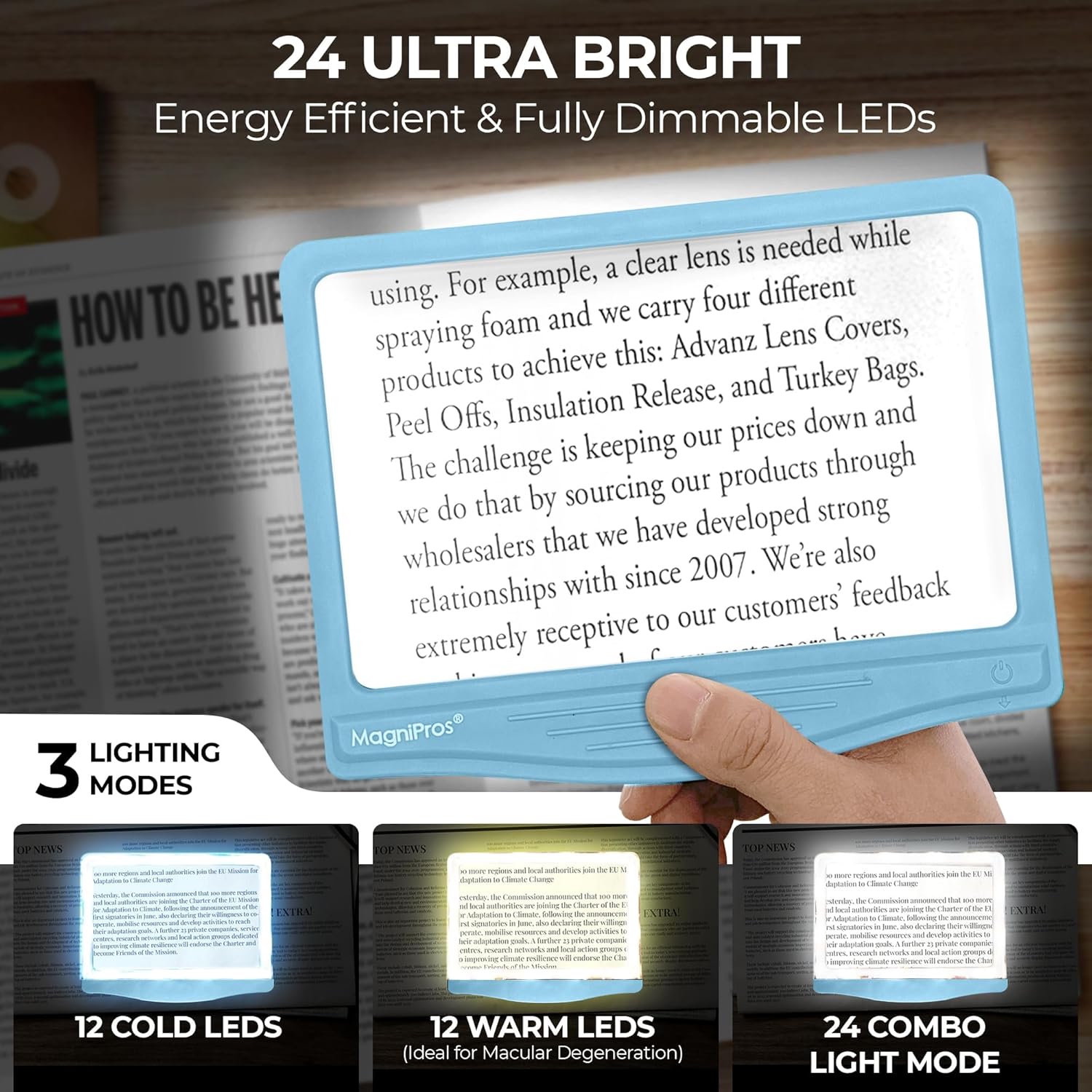 MagniPros MagniPros 5X Large LED Hands-Free Magnifying Glass with Stand and 3 Light Modes for Easy Reading and Crafting - View 4 of 9