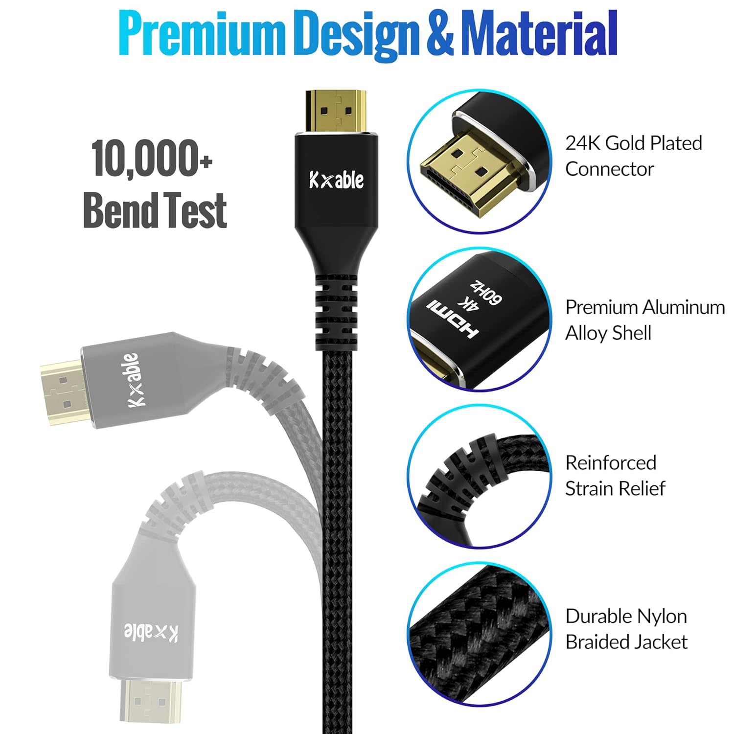 Kxable 4K HDMI Cable 15 Feet 10 Pack Ultra HD 2.0 Nylon Braided Gold Plated Connectors for Laptop Monitors HDTV PS5 Xbox One and More - View 3 of 9