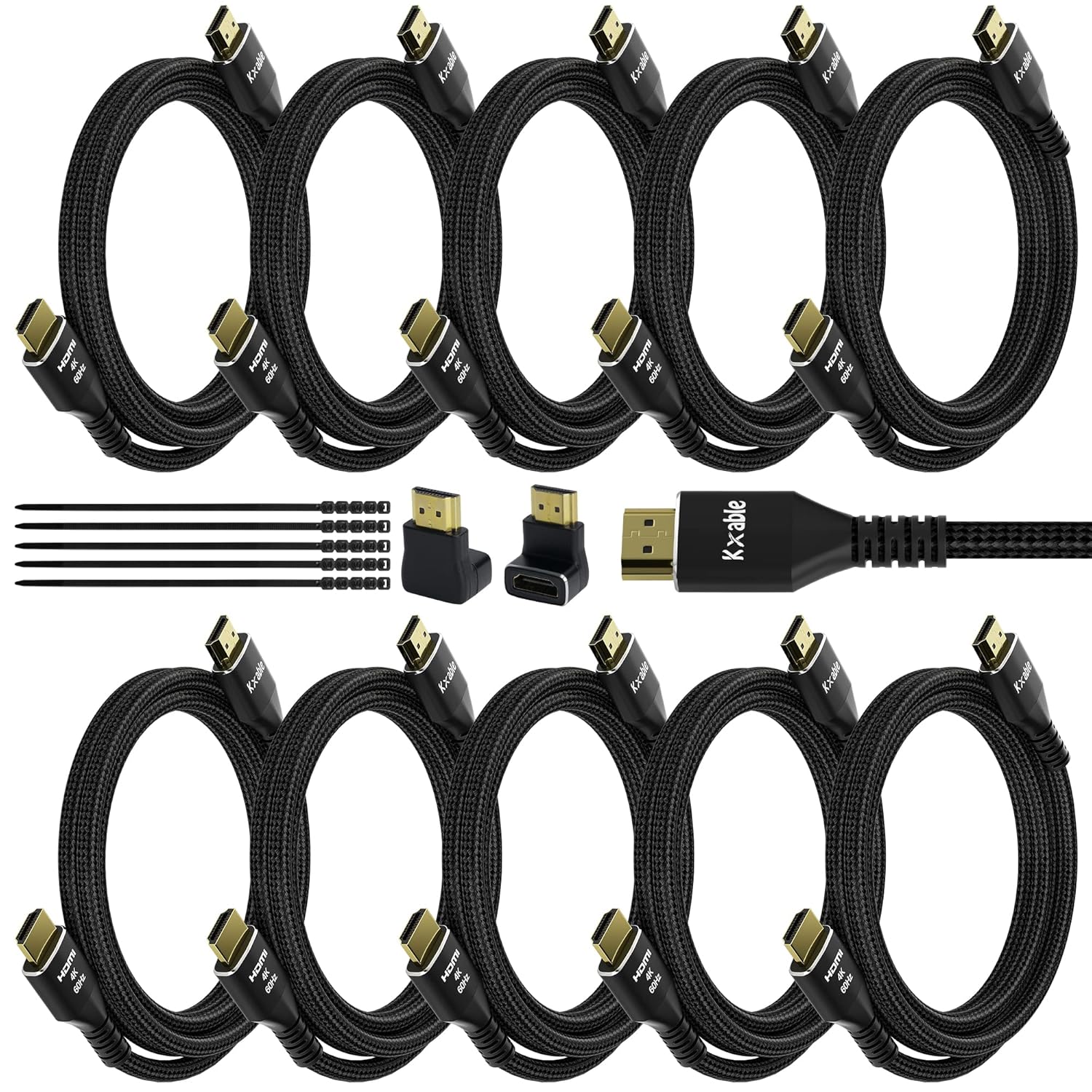 Kxable 4K HDMI Cable 15 Feet 10 Pack Ultra HD 2.0 Nylon Braided Gold Plated Connectors for Laptop Monitors HDTV PS5 Xbox One and More