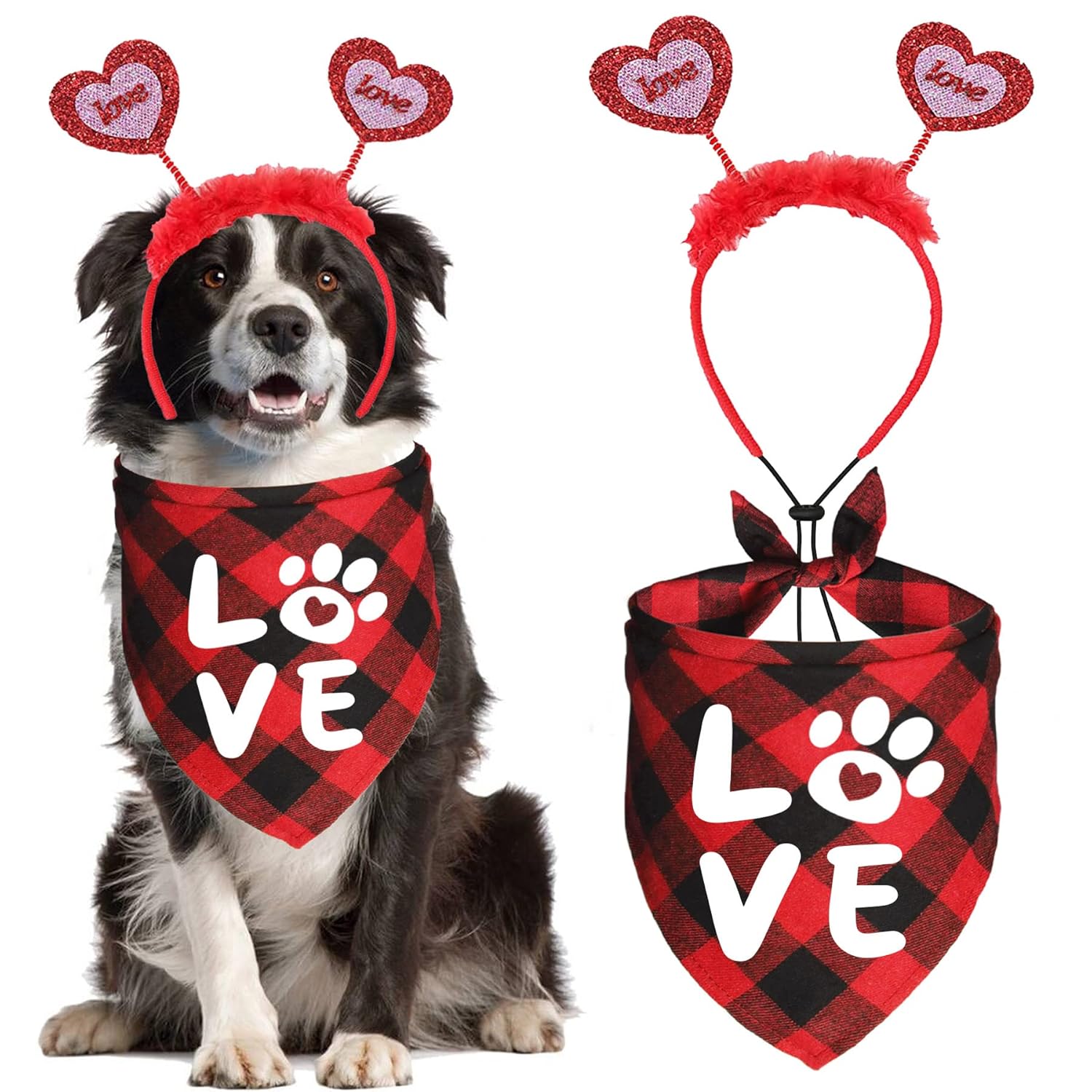 JOTFA JOTFA Valentine's Day Dog Bandana Costumes and Love Headband for Small Medium Large Dogs in Buffalo Plaid Design
