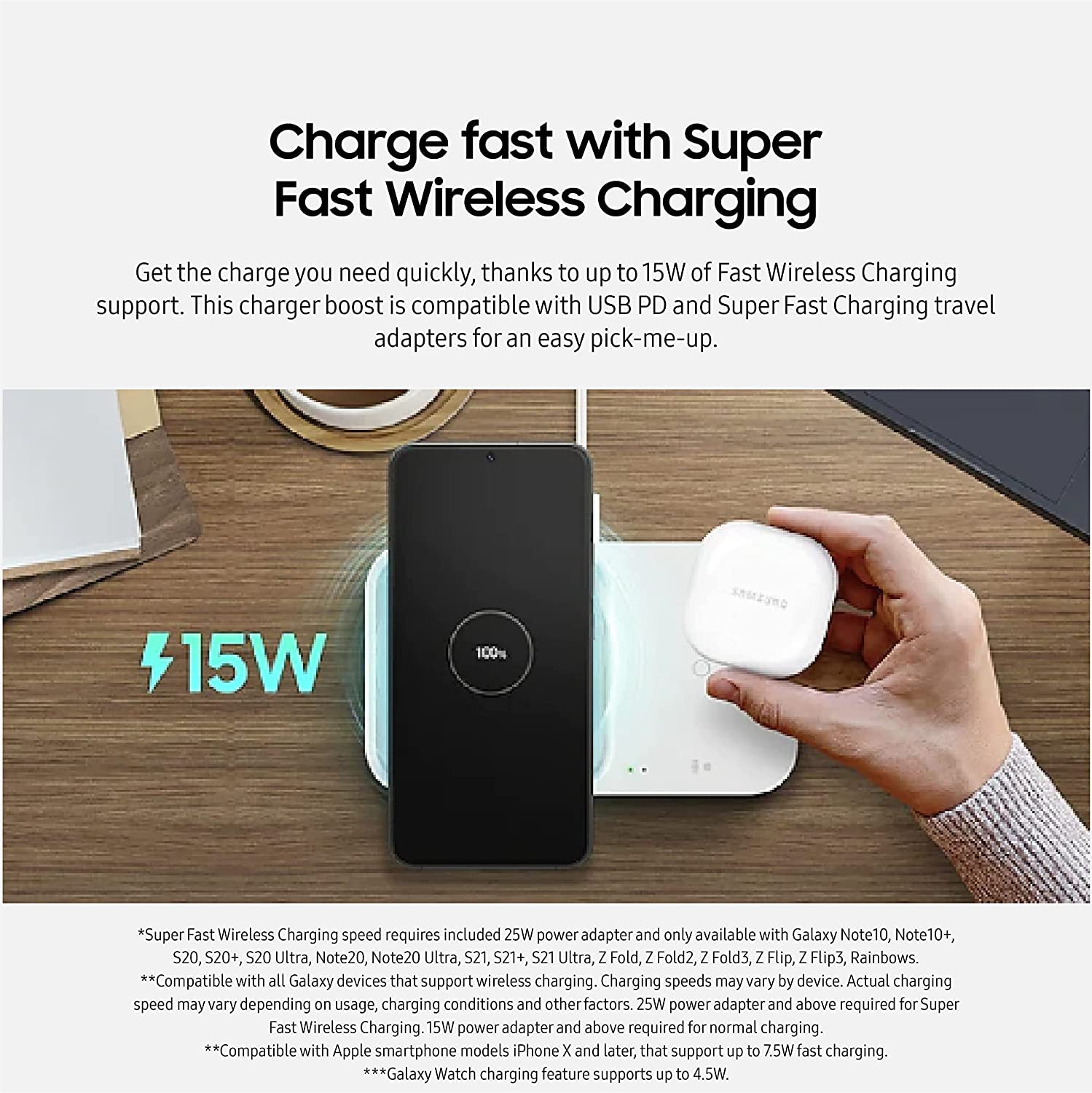 Samsung SAMSUNG 15W Wireless Charger Duo Fast Charge 2 Devices Cordless Charging Pad for Galaxy Phones with USB C Cable and Cleaning Cloth Black - View 2 of 6