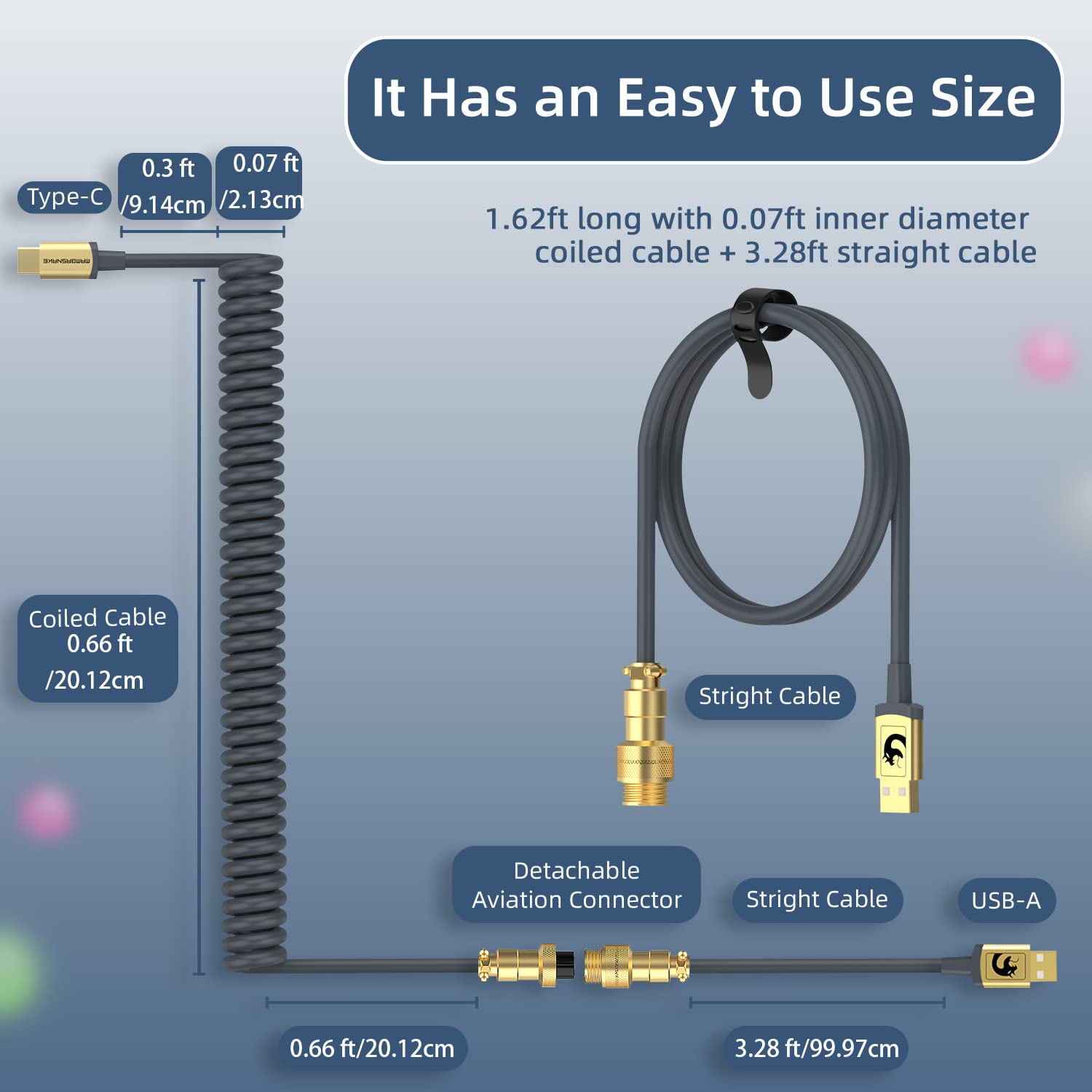 LexonElec Custom Coiled Keyboard Cable 2.0M USB-C to USB-A Detachable Metal Aviator Double-Sleeved Wire for Gaming Keyboard Gold Gray - View 5 of 8