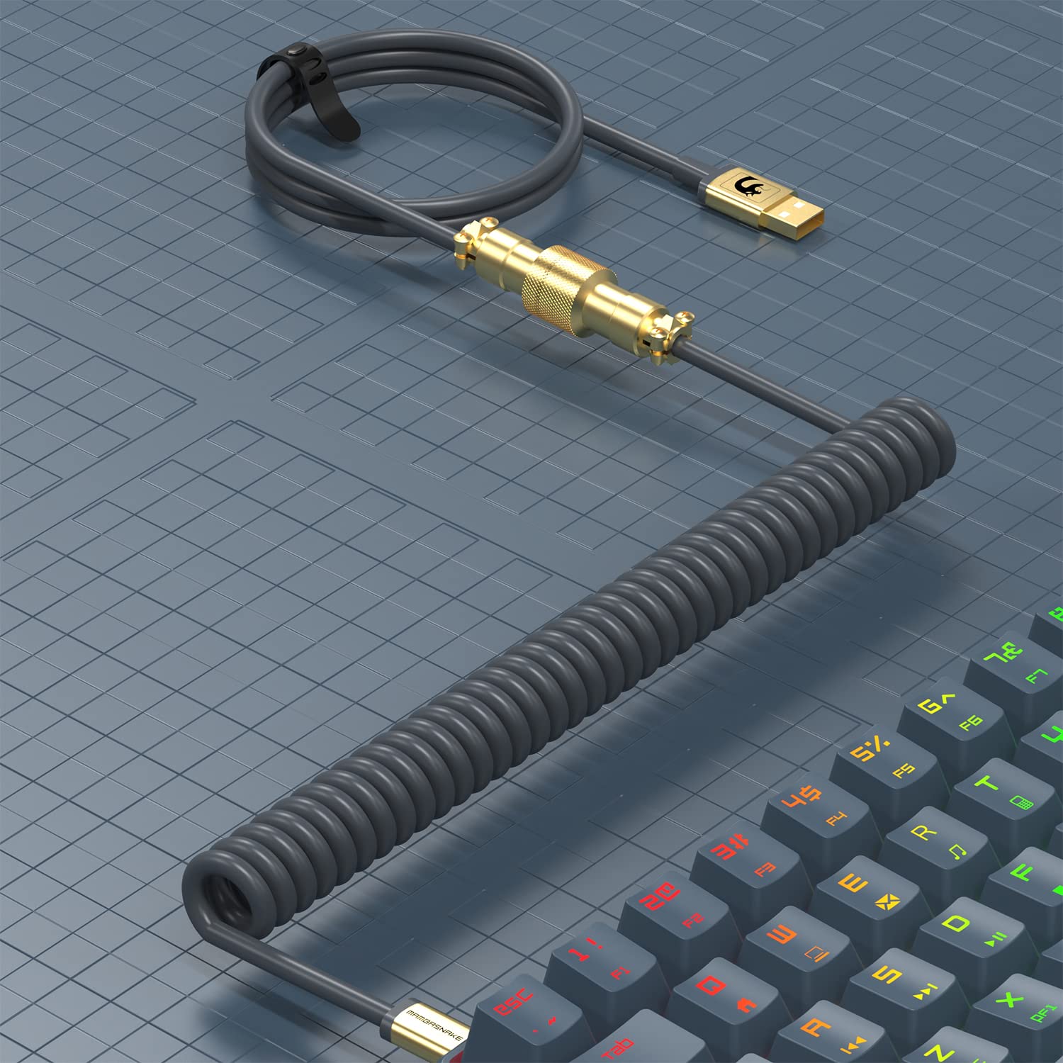 LexonElec Custom Coiled Keyboard Cable 2.0M USB-C to USB-A Detachable Metal Aviator Double-Sleeved Wire for Gaming Keyboard Gold Gray - View 7 of 8