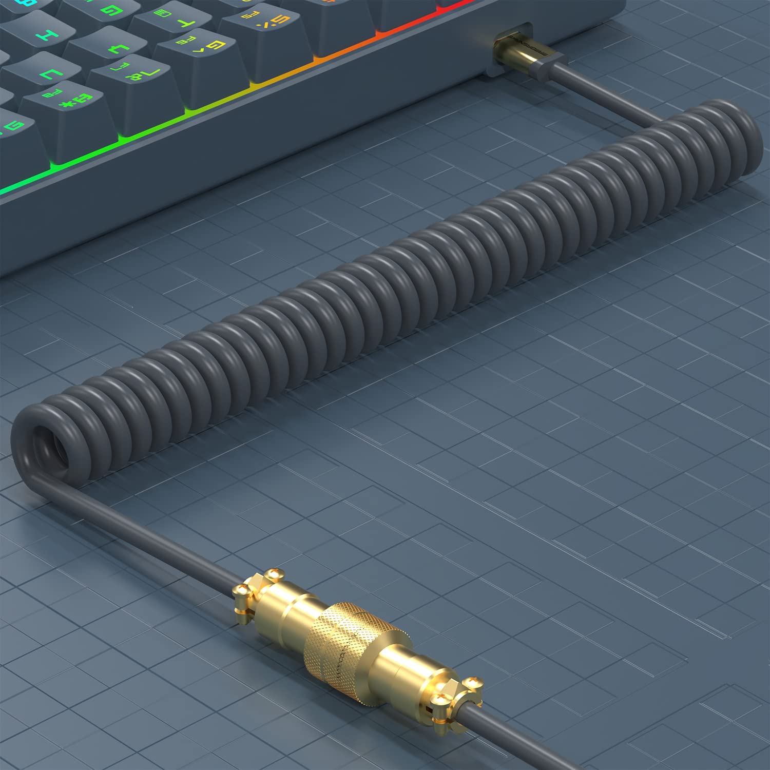 LexonElec Custom Coiled Keyboard Cable 2.0M USB-C to USB-A Detachable Metal Aviator Double-Sleeved Wire for Gaming Keyboard Gold Gray - View 8 of 8