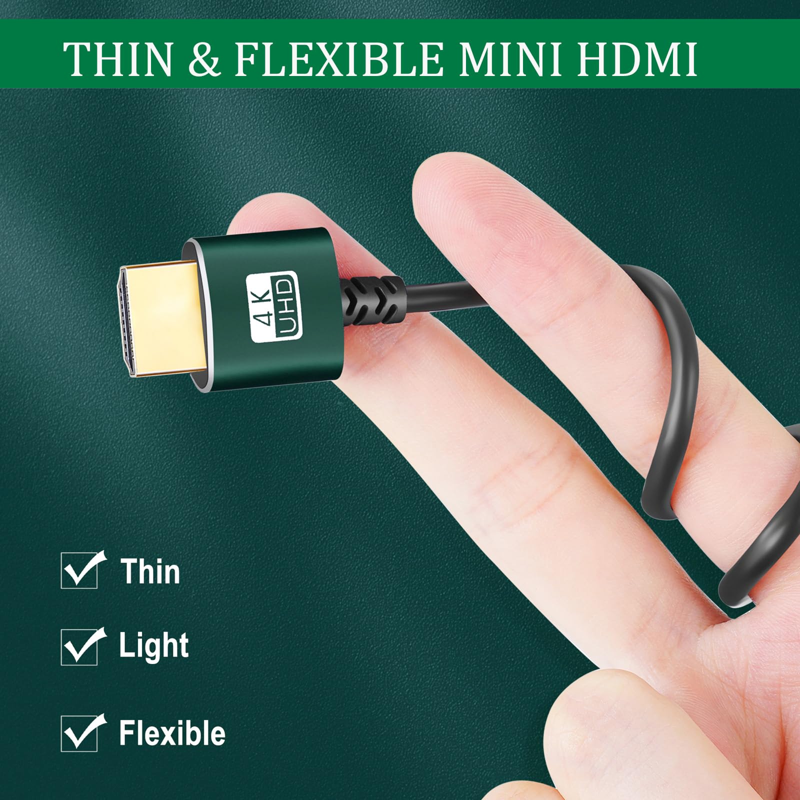 Thsucords Thin Mini HDMI to HDMI Cable 3.3FT Ultra Slim Flexible 4K 60Hz 18Gbps 3D Support for High Definition Video and Audio - View 5 of 7