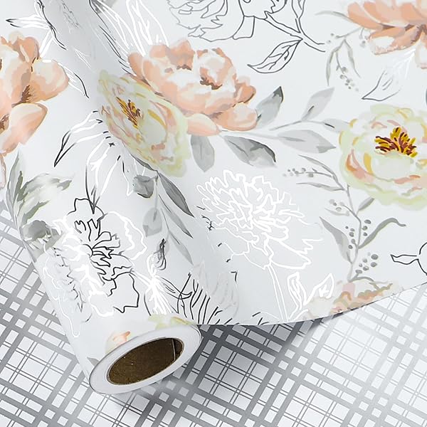 LeZakaa LeZakaa Reversible Silver Foil Wrapping Paper Roll Silver Flower and Plaid Design for Weddings Engagements and Anniversaries 17x32.8 Feet