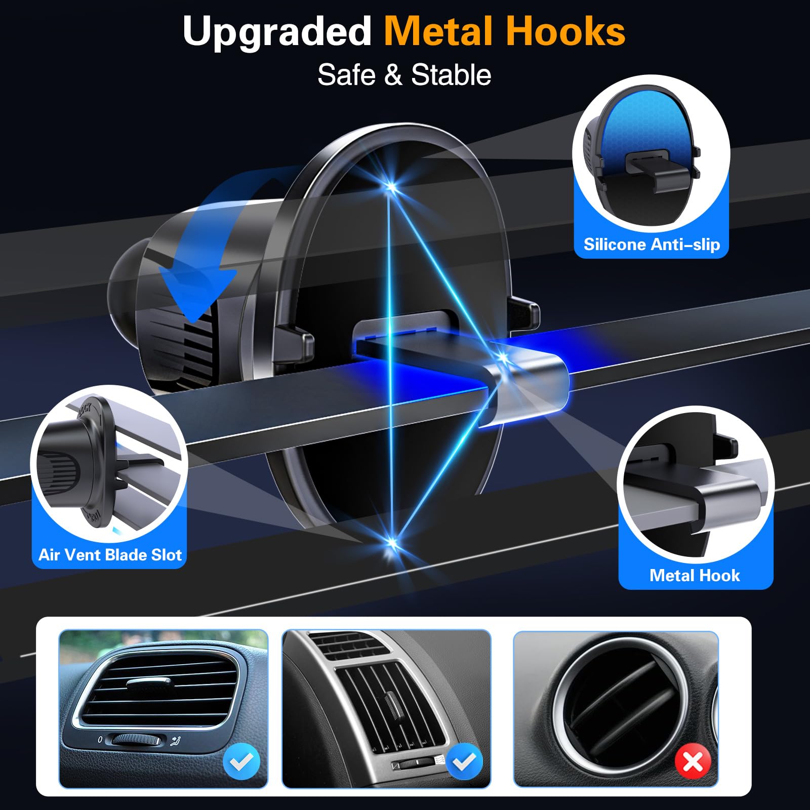 Magnetic Car Mount Air Vent Cell Phone Holder, Universal Vehicle Dash Dashboard Ac Airvent Cellphone Magic Stand with Clip Hook, for iPhone 16 15 - View 3 of 9