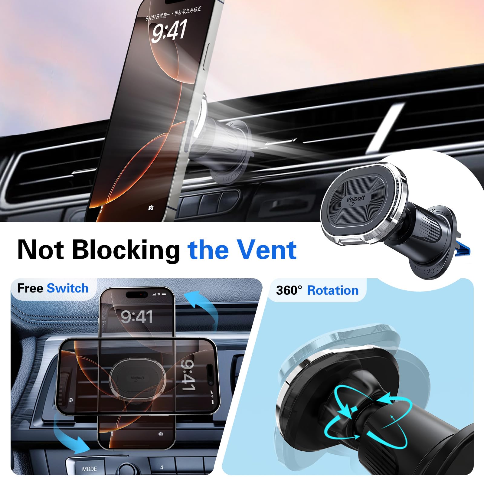 Magnetic Car Mount Air Vent Cell Phone Holder, Universal Vehicle Dash Dashboard Ac Airvent Cellphone Magic Stand with Clip Hook, for iPhone 16 15 - View 5 of 9