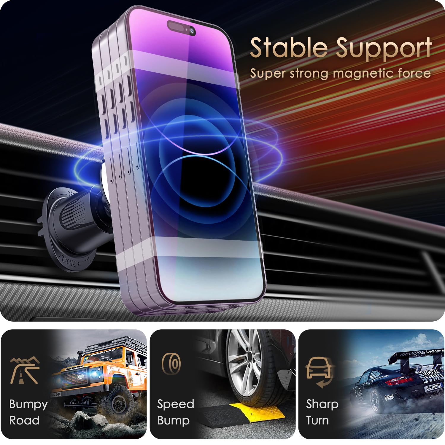 Magnetic Car Mount Air Vent Cell Phone Holder, Universal Vehicle Dash Dashboard Ac Airvent Cellphone Magic Stand with Clip Hook, for iPhone 16 15 - View 7 of 9