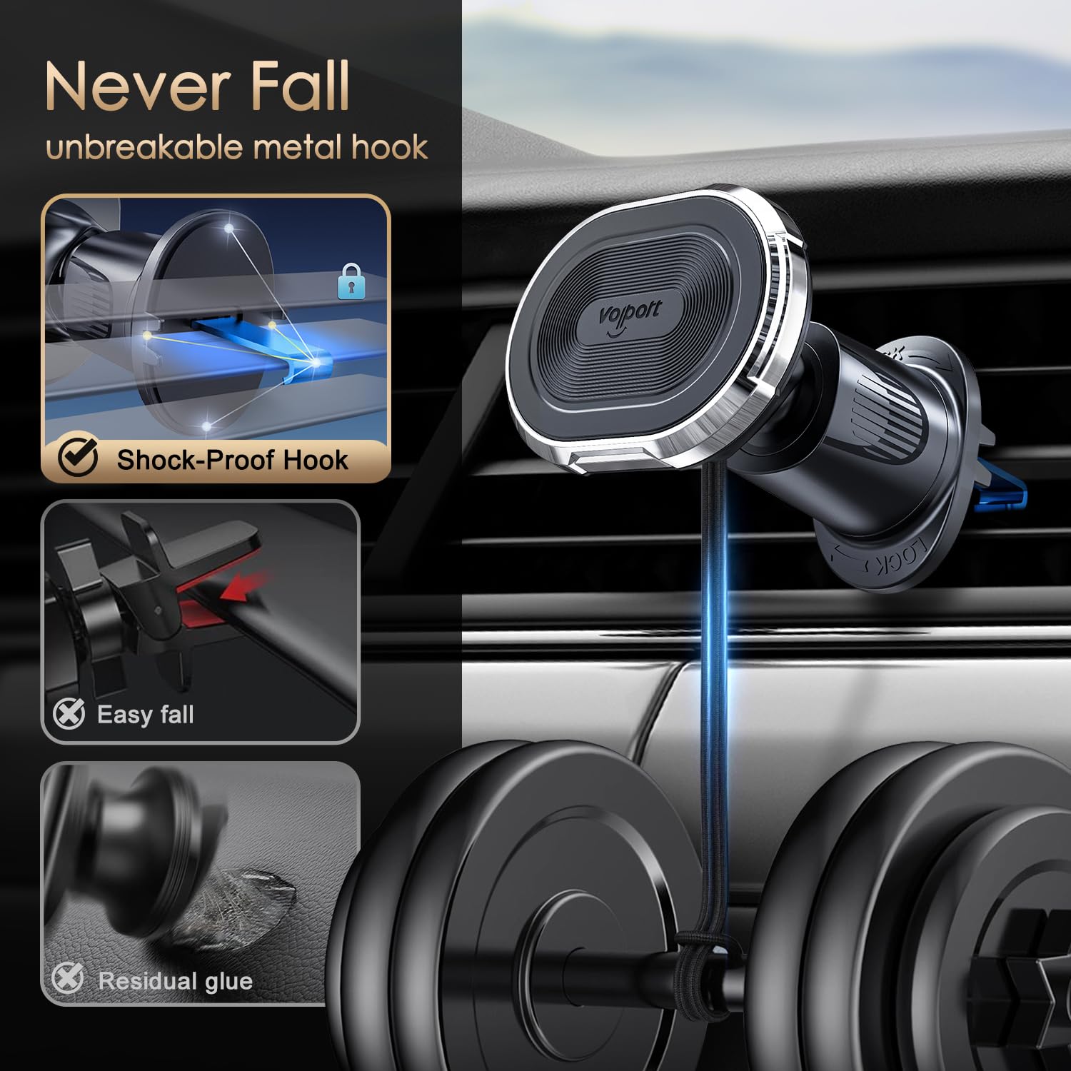 Magnetic Car Mount Air Vent Cell Phone Holder, Universal Vehicle Dash Dashboard Ac Airvent Cellphone Magic Stand with Clip Hook, for iPhone 16 15 - View 8 of 9