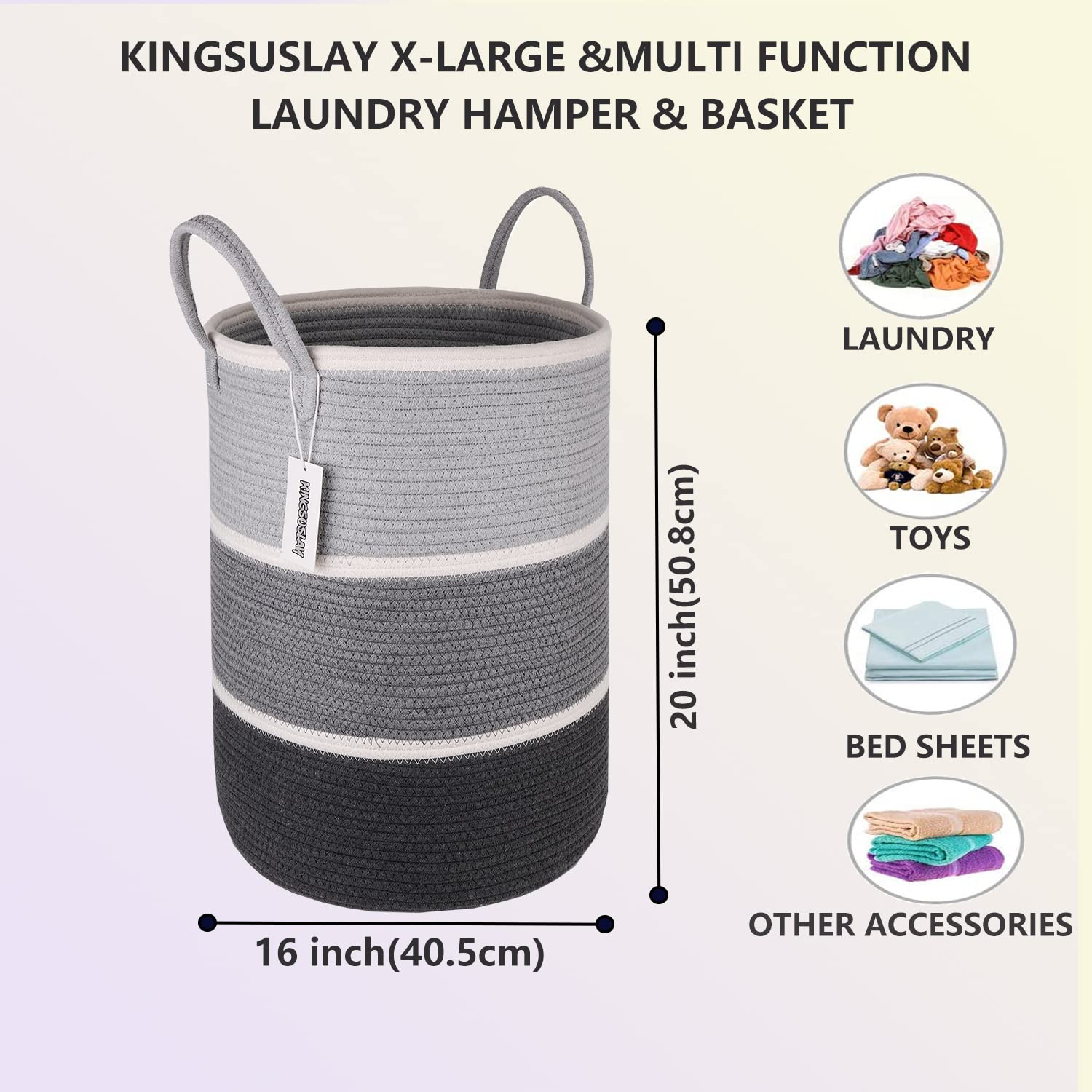 KINGSUSLAY KINGSUSLAY 70L Cotton Rope Laundry Hamper Tall Woven Basket for Blankets Toys Pillows Clothes in Bedroom Living Room Grey White - View 2 of 7