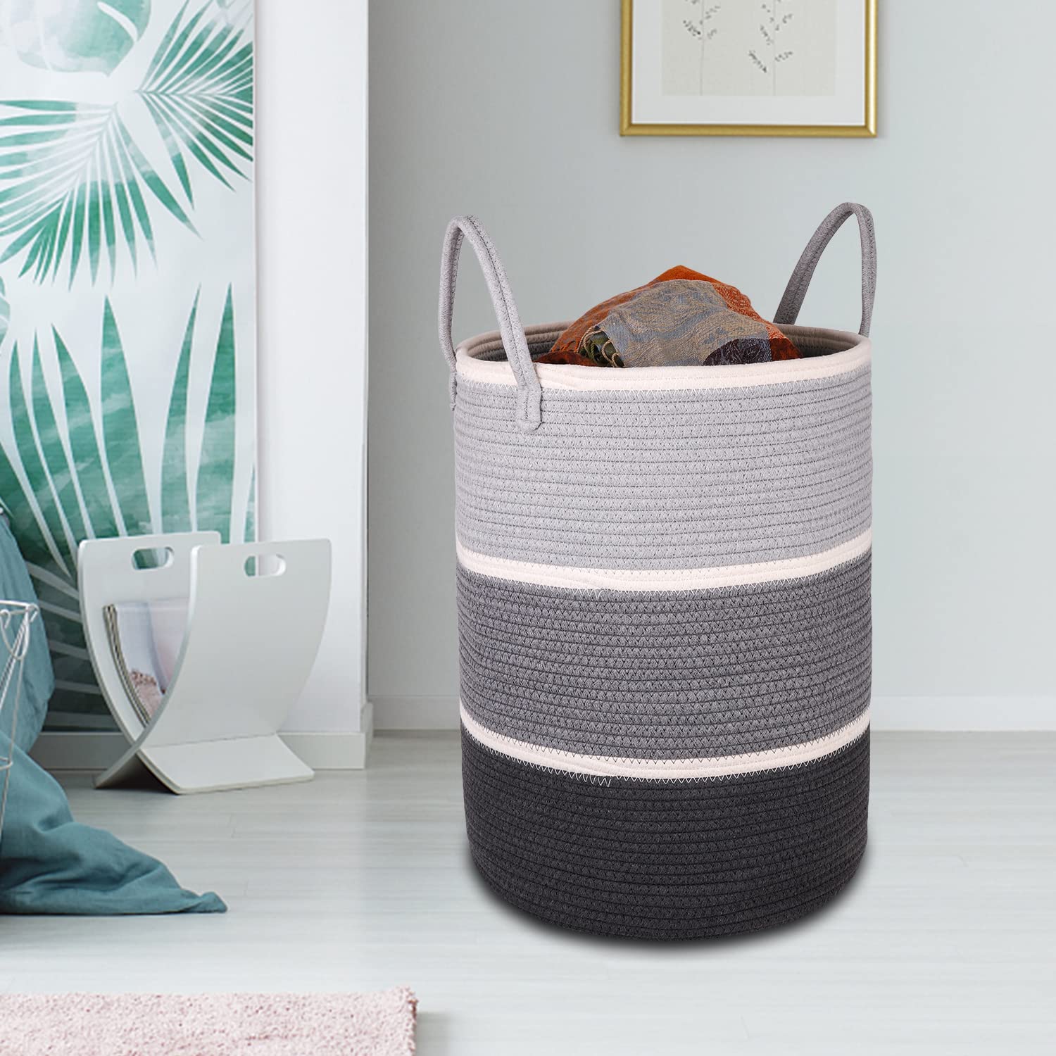 KINGSUSLAY KINGSUSLAY 70L Cotton Rope Laundry Hamper Tall Woven Basket for Blankets Toys Pillows Clothes in Bedroom Living Room Grey White - View 3 of 7