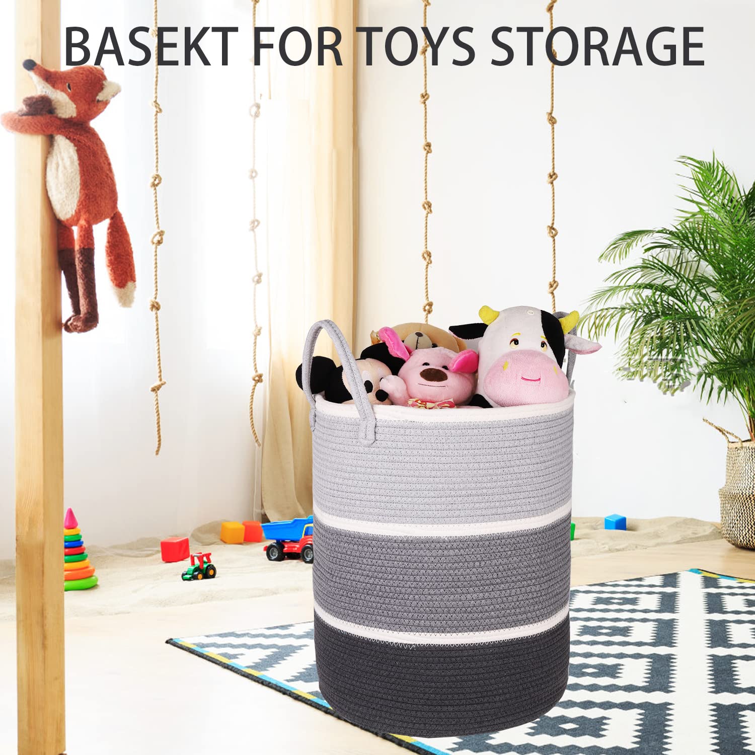 KINGSUSLAY KINGSUSLAY 70L Cotton Rope Laundry Hamper Tall Woven Basket for Blankets Toys Pillows Clothes in Bedroom Living Room Grey White - View 5 of 7