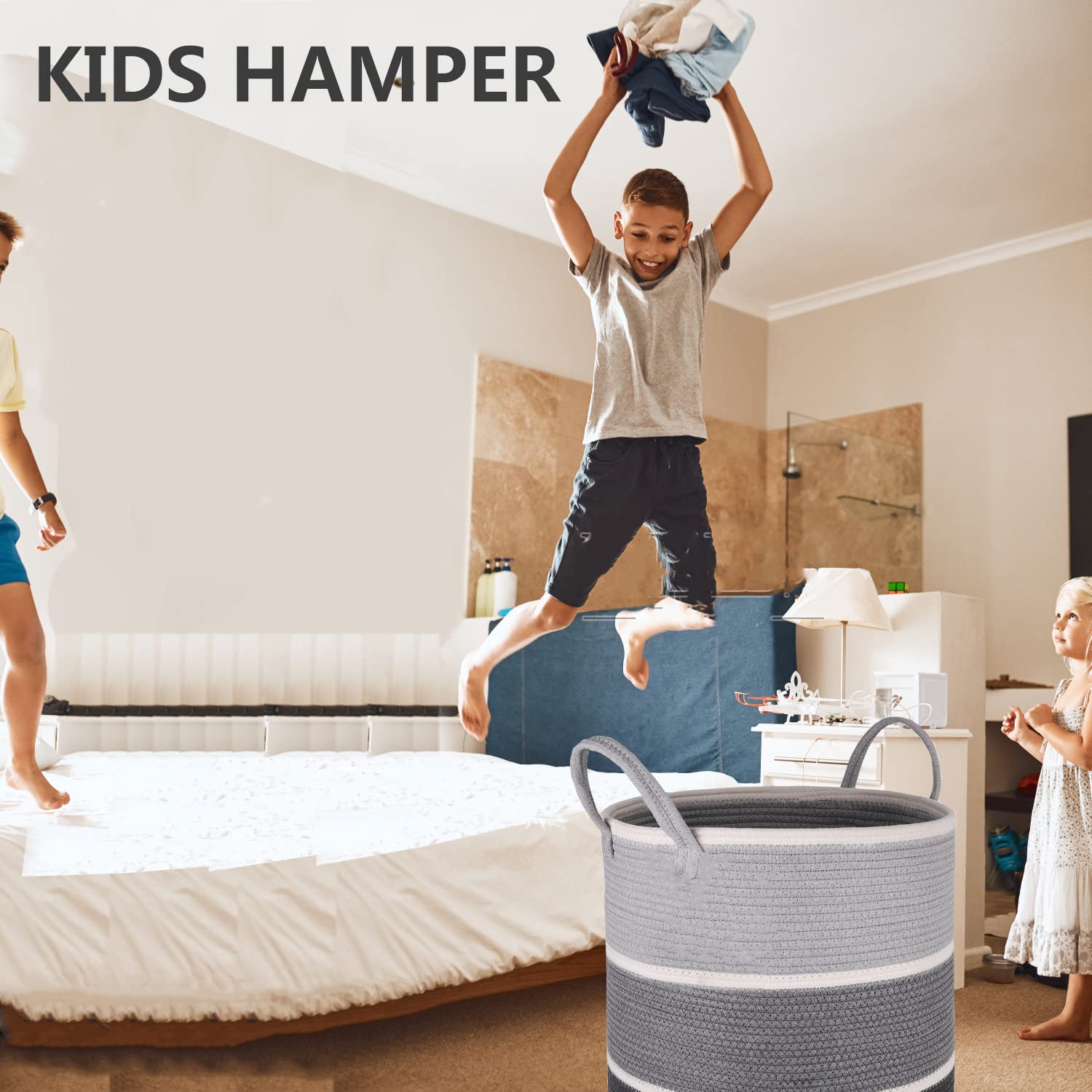 KINGSUSLAY KINGSUSLAY 70L Cotton Rope Laundry Hamper Tall Woven Basket for Blankets Toys Pillows Clothes in Bedroom Living Room Grey White - View 6 of 7