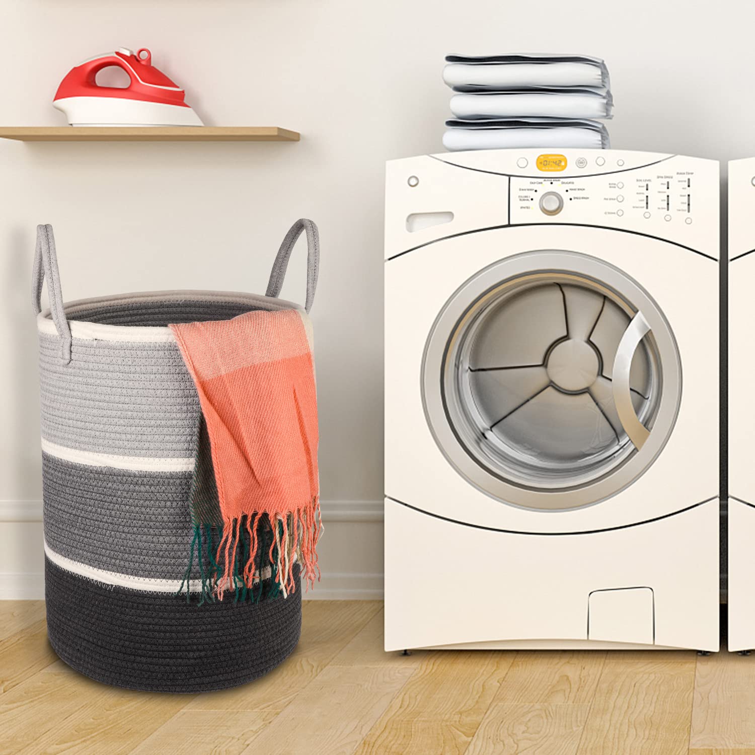 KINGSUSLAY KINGSUSLAY 70L Cotton Rope Laundry Hamper Tall Woven Basket for Blankets Toys Pillows Clothes in Bedroom Living Room Grey White - View 7 of 7