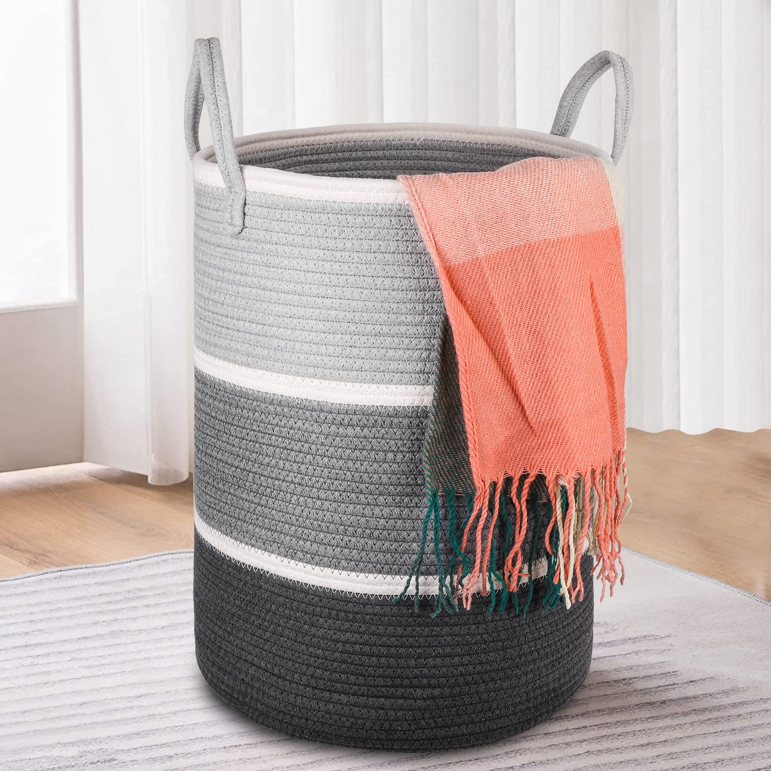 KINGSUSLAY KINGSUSLAY 70L Cotton Rope Laundry Hamper Tall Woven Basket for Blankets Toys Pillows Clothes in Bedroom Living Room Grey White