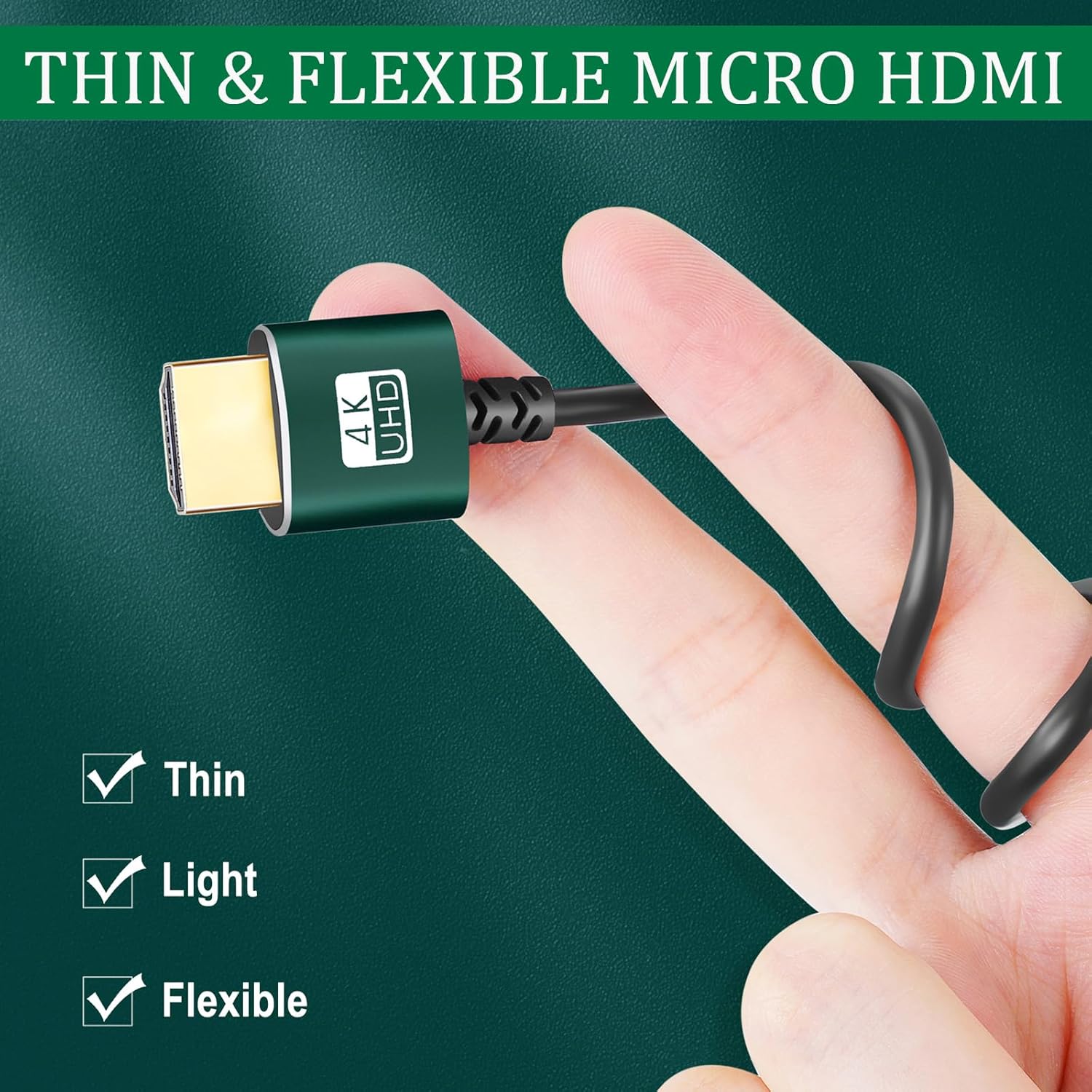 Thsucords Thsucords 10FT Thin Micro HDMI to HDMI Cable Ultra Slim Flexible Supports 3D 4K 60Hz 18Gbps 2160P 1080P - View 6 of 8