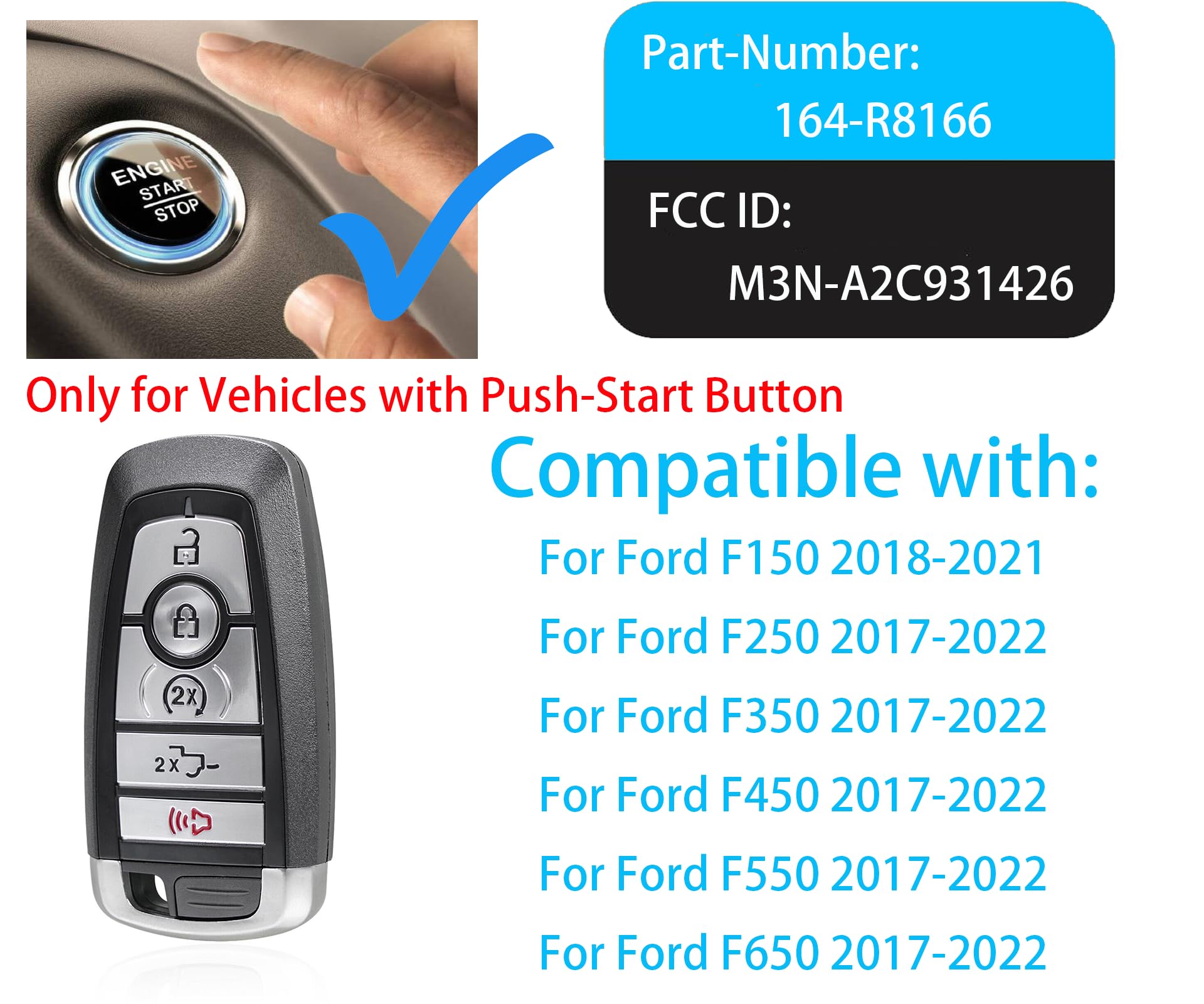 Smart Key for Ford F-Series 2017-2023, Alliskeys Proximity Keyless Entry Remote Control Key Fob Replacement for Ford F-Series 2017-2023 M3N-A2C931426 - View 2 of 8