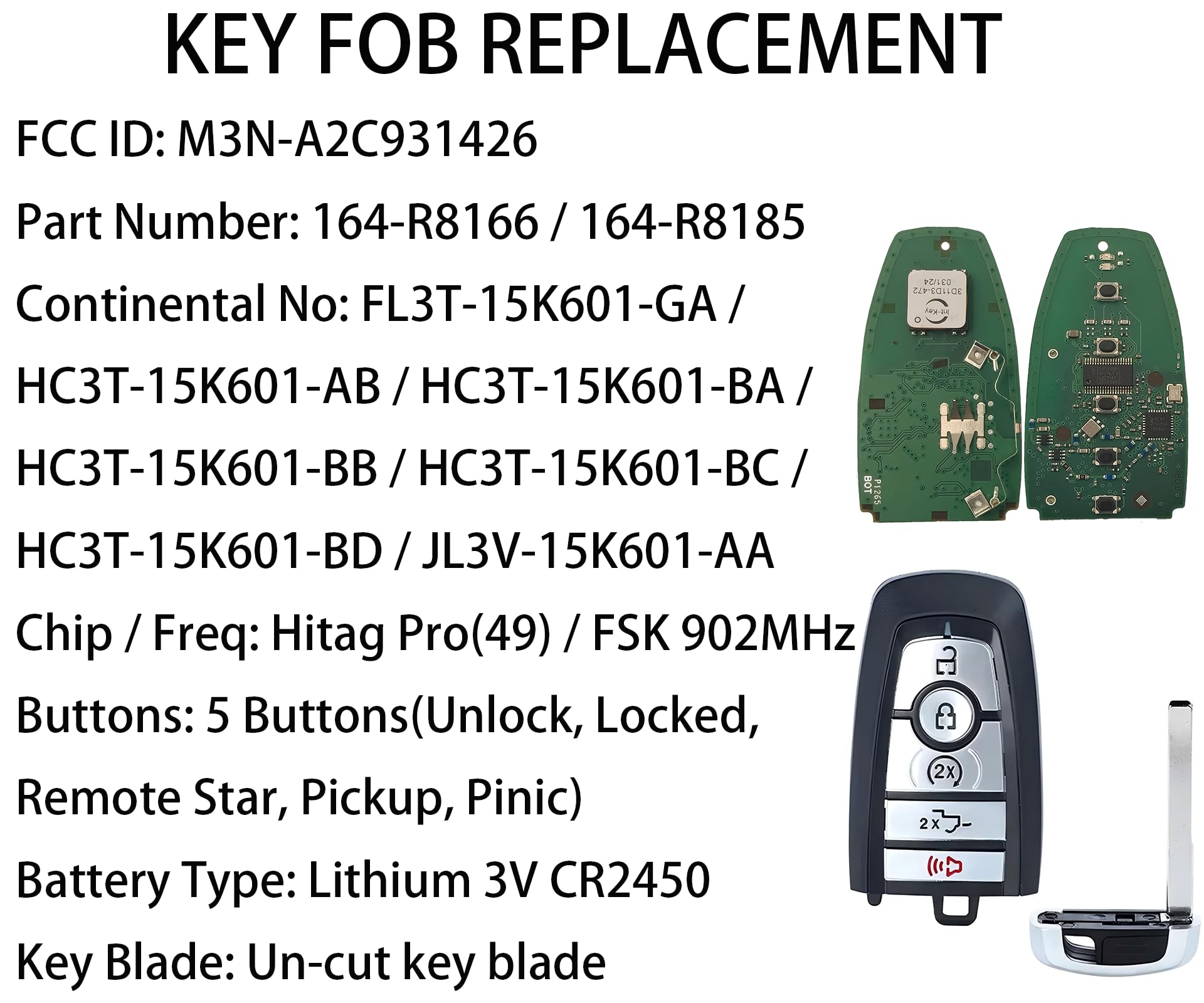 Smart Key for Ford F-Series 2017-2023, Alliskeys Proximity Keyless Entry Remote Control Key Fob Replacement for Ford F-Series 2017-2023 M3N-A2C931426 - View 4 of 8